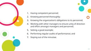 24
1. Having competent personnel;
2. Knowing personnel thoroughly;
3. Knowing the organization’s obligations to its personnel;
4. Working with other managers to ensure unity of direction
and effort amongst managers and personnel;
5. Setting a good example;
6. Performing regular audits of performance; and
7. Staying out of the minutiae.
 