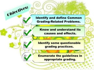 Identify and define Common
Grading-Related Problems.
Know and understand its
causes and effects.
Identify some questionable
grading practices.
Enumerate the guidelines in
appropriate grading.
 