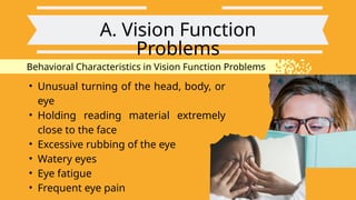 A. Vision Function
Problems
Behavioral Characteristics in Vision Function Problems
• Unusual turning of the head, body, or
eye
• Holding reading material extremely
close to the face
• Excessive rubbing of the eye
• Watery eyes
• Eye fatigue
• Frequent eye pain
 