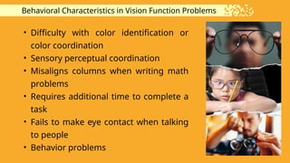 • Difficulty with color identification or
color coordination
• Sensory perceptual coordination
• Misaligns columns when writing math
problems
• Requires additional time to complete a
task
• Fails to make eye contact when talking
to people
• Behavior problems
Behavioral Characteristics in Vision Function Problems
 