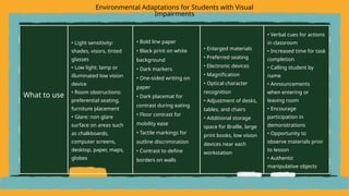 What to use
• Light sensitivity:
shades, visors, tinted
glasses
• Low light: lamp or
illuminated low vision
device
• Room obstructions:
preferential seating,
furniture placement
• Glare: non glare
surface on areas such
as chalkboards,
computer screens,
desktop, paper, maps,
globes
• Bold line paper
• Black print on white
background
• Dark markers
• One-sided writing on
paper
• Dark placemat for
contrast during eating
• Floor contrast for
mobility ease
• Tactile markings for
outline discrimination
• Contrast to define
borders on walls
• Enlarged materials
• Preferred seating
• Electronic devices
• Magnification
• Optical character
recognition
• Adjustment of desks,
tables, and chairs
• Additional storage
space for Braille, large
print books, low vision
devices near each
workstation
• Verbal cues for actions
in classroom
• Increased time for task
completion
• Calling student by
name
• Announcements
when entering or
leaving room
• Encourage
participation in
demonstrations
• Opportunity to
observe materials prior
to lesson
• Authentic
manipulative objects
Environmental Adaptations for Students with Visual
Impairments
 