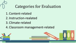 Categories for Evaluation
1. Content-related
2. Instruction-realated
3. Climate-related
4. Classroom management-related
 