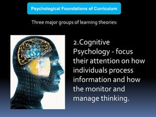 Three major groups of learning theories:
Psychological Foundations of Curriculum
2.Cognitive
Psychology - focus
their attention on how
individuals process
information and how
the monitor and
manage thinking.
 
