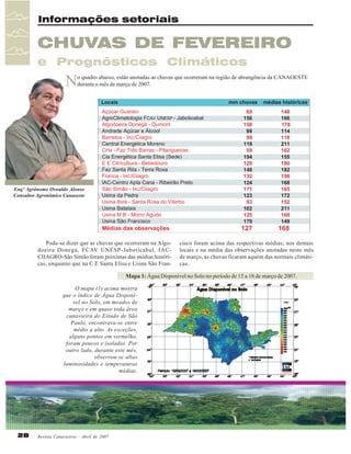 Informações setoriais

CHUVAS DE FEVEREIRO
e Prognósticos Climáticos

N

o quadro abaixo, estão anotadas as chuvas que ocorreram na região de abrangência da CANAOESTE
durante o mês de março de 2007.

Engº Agrônomo Oswaldo Alonso
Consultor Agronômico Canaoeste

Pode-se dizer que as chuvas que ocorreram na Algodoeira Donegá, FCAV UNESP-Jaboticabal, IACCIIAGRO-São Simão foram próximas das médias históricas, enquanto que na C E Santa Elisa e Usina São Fran-

cisco foram acima das respectivas médias; nos demais
locais e na média das observações anotadas neste mês
de março, as chuvas ficaram aquém das normais climáticas.

Mapa 1: Água Disponível no Solo no período de 15 a 18 de março de 2007.
O mapa (1) acima mostra
que o índice de Água Disponível no Solo, em meados de
março e em quase toda área
canavieira do Estado de São
Paulo, encontrava-se entre
médio a alto. As exceções,
alguns pontos em vermelho,
foram poucos e isolados. Por
outro lado, durante este mês,
observou-se altas
luminosidades e temperaturas
médias.

28

Revista Canavieiros - Abril de 2007

 