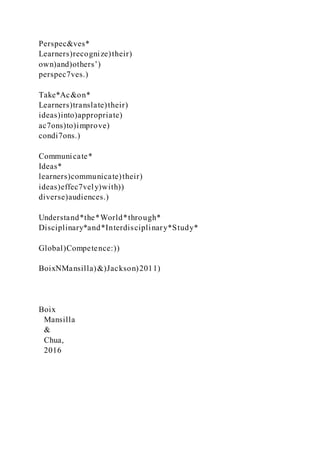 Perspec&ves*
Learners)recognize)their)
own)and)others’)
perspec7ves.)
Take*Ac&on*
Learners)translate)their)
ideas)into)appropriate)
ac7ons)to)improve)
condi7ons.)
Communicate*
Ideas*
learners)communicate)their)
ideas)effec7vely)with))
diverse)audiences.)
Understand*the*World*through*
Disciplinary*and*Interdisciplinary*Study*
Global)Competence:))
BoixNMansilla)&)Jackson)2011)
Boix
Mansilla
&
Chua,
2016
 