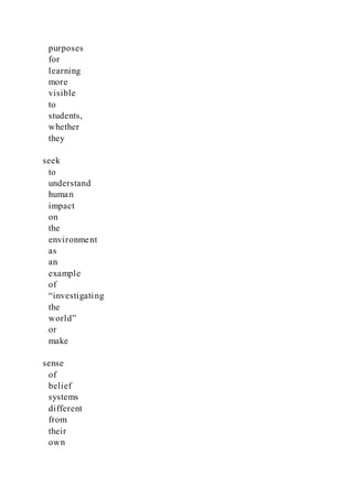 purposes
for
learning
more
visible
to
students,
whether
they
seek
to
understand
human
impact
on
the
environment
as
an
example
of
“investigating
the
world”
or
make
sense
of
belief
systems
different
from
their
own
 