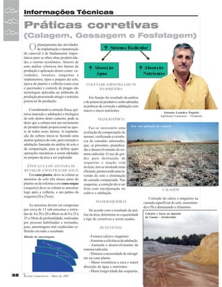 Informações Técnicas

Práticas corretivas
(Calagem, Gessagem e Fosfatagem)

O

planejamento das atividades
de implantação e manutenção
do canavial é de fundamental importância para se obter altas produtividades e retorno econômico. Através de
uma análise criteriosa dos fatores de
produção e aplicação destes como: variedades, insumos, máquinas e
implementos, tipos e preparo do solo,
época de plantio e colheita (cana crua
e queimada) e controle de pragas são
tecnologias aplicadas ao ambiente de
produção procurando atingir o máximo
potencial de produção.
Considerando a correção física, química (nutrição e adubação) e biológica
do solo dentro deste contexto, pode se
dizer que a cultura terá um incremento
de produtividade proporcional ao ajuste de todos esses fatores. A implantação da cultura inicia-se fazendo uma
analise química do solo, para correção e
adubação, baseada em análise de solo e
da compactação, para se definir quais
operações mecânicas a serem adotadas
no preparo da área a ser explorada.
ÉPOCAS E LOCAIS PARA SE
RETIRAR AMOSTRAS DE SOLO
Em cana planta, deve-se coletar as
amostras de solo três meses antes do
plantio ou da reforma e em cana-soqua
(soqueira) deve-se coletar as amostras
logo após a colheita, a um palmo da
soqueira (20 a 25cm).
As amostras devem ser compostas
por cerca de 15 sub-amostras e retiradas de 0 a 20 e 20 a 40cm ou de 0 a 25 a
25 a 50cm de profundidade, realizadas
por pessoas habilitadas e treinadas,
pois, amostragens mal conduzidas refletirão em todo o resultado.
Método de amostragem:

32

Revista Canavieiros - Maio de 2007

COLETA DE AMOSTRAA 20 CM
DA SOQUEIRA
Em função do resultado da análise
e do potencial produtivo serão adotadas
as práticas de correção e adubação com
macro e micro nutrientes.
MANEJO FÍSICO
Faz-se necessário uma
avaliação da compactação do
terreno, verificando a existência de camadas adensadas,
que, se presentes, prejudicarão o desenvolvimento do sistema radicular. O uso de grades para destruição de
soqueiras e aração com
aivécas, tem se mostrado mais
eficiente, promovendo uma inversão do solo e eliminação
da camada compactada. Nas
soqueiras, a correção deve ser
feita com incorporação no
cultivo e adubação.

Antonio Leandro Pagotto
Agrônomo Canaoeste - Viradouro

Área com aplicação de Calcário

MANEJO QUÍMICO
De acordo com o resultado da análise da área, determina-se a quantidade
e tipo de corretivos a serem usados.
BENEFÍCIOS:
- Fornece cálcio e magnésio
- Aumenta a eficiência da adubação.
- Aumenta o desenvolvimento do
sistema radicular.
- Diminui a necessidade de nitrogênio na cana planta.
- Maior resistência a seca e maior
absorção de água e nutrientes.
- Maior longevidade das soqueiras.

CALAGEM
Correção do cálcio e magnésio na
camada superficial do solo, aumentando o Ph e diminuindo o Alumínio.
Calcário e Gesso no depósito
da Uname - Sertãozinho

 