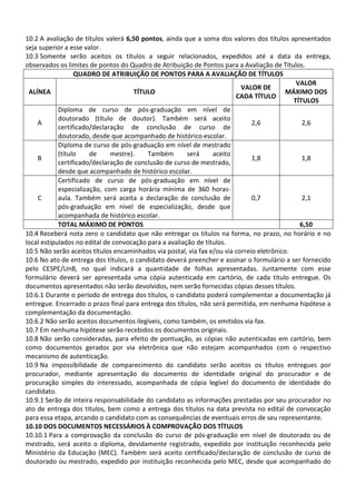 10.2 A avaliação de títulos valerá 6,50 pontos, ainda que a soma dos valores dos títulos apresentados
seja superior a esse valor.
10.3 Somente serão aceitos os títulos a seguir relacionados, expedidos até a data da entrega,
observados os limites de pontos do Quadro de Atribuição de Pontos para a Avaliação de Títulos.
QUADRO DE ATRIBUIÇÃO DE PONTOS PARA A AVALIAÇÃO DE TÍTULOS
ALÍNEA TÍTULO
VALOR DE
CADA TÍTULO
VALOR
MÁXIMO DOS
TÍTULOS
A
Diploma de curso de pós-graduação em nível de
doutorado (título de doutor). Também será aceito
certificado/declaração de conclusão de curso de
doutorado, desde que acompanhado de histórico escolar.
2,6 2,6
B
Diploma de curso de pós-graduação em nível de mestrado
(título de mestre). Também será aceito
certificado/declaração de conclusão de curso de mestrado,
desde que acompanhado de histórico escolar.
1,8 1,8
C
Certificado de curso de pós-graduação em nível de
especialização, com carga horária mínima de 360 horas-
aula. Também será aceita a declaração de conclusão de
pós-graduação em nível de especialização, desde que
acompanhada de histórico escolar.
0,7 2,1
TOTAL MÁXIMO DE PONTOS 6,50
10.4 Receberá nota zero o candidato que não entregar os títulos na forma, no prazo, no horário e no
local estipulados no edital de convocação para a avaliação de títulos.
10.5 Não serão aceitos títulos encaminhados via postal, via fax e/ou via correio eletrônico.
10.6 No ato de entrega dos títulos, o candidato deverá preencher e assinar o formulário a ser fornecido
pelo CESPE/UnB, no qual indicará a quantidade de folhas apresentadas. Juntamente com esse
formulário deverá ser apresentada uma cópia autenticada em cartório, de cada título entregue. Os
documentos apresentados não serão devolvidos, nem serão fornecidas cópias desses títulos.
10.6.1 Durante o período de entrega dos títulos, o candidato poderá complementar a documentação já
entregue. Encerrado o prazo final para entrega dos títulos, não será permitida, em nenhuma hipótese a
complementação da documentação.
10.6.2 Não serão aceitos documentos ilegíveis, como também, os emitidos via fax.
10.7 Em nenhuma hipótese serão recebidos os documentos originais.
10.8 Não serão consideradas, para efeito de pontuação, as cópias não autenticadas em cartório, bem
como documentos gerados por via eletrônica que não estejam acompanhados com o respectivo
mecanismo de autenticação.
10.9 Na impossibilidade de comparecimento do candidato serão aceitos os títulos entregues por
procurador, mediante apresentação do documento de identidade original do procurador e de
procuração simples do interessado, acompanhada de cópia legível do documento de identidade do
candidato.
10.9.1 Serão de inteira responsabilidade do candidato as informações prestadas por seu procurador no
ato de entrega dos títulos, bem como a entrega dos títulos na data prevista no edital de convocação
para essa etapa, arcando o candidato com as consequências de eventuais erros de seu representante.
10.10 DOS DOCUMENTOS NECESSÁRIOS À COMPROVAÇÃO DOS TÍTULOS
10.10.1 Para a comprovação da conclusão do curso de pós-graduação em nível de doutorado ou de
mestrado, será aceito o diploma, devidamente registrado, expedido por instituição reconhecida pelo
Ministério da Educação (MEC). Também será aceito certificado/declaração de conclusão de curso de
doutorado ou mestrado, expedido por instituição reconhecida pelo MEC, desde que acompanhado do
 