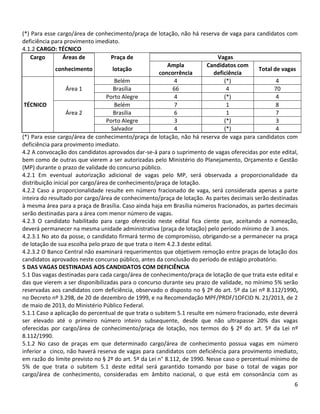6
(*) Para esse cargo/área de conhecimento/praça de lotação, não há reserva de vaga para candidatos com
deficiência para provimento imediato.
4.1.2 CARGO: TÉCNICO
Cargo Áreas de Praça de Vagas
conhecimento lotação
Ampla
concorrência
Candidatos com
deficiência
Total de vagas
Belém 4 (*) 4
Área 1 Brasília 66 4 70
Porto Alegre 4 (*) 4
TÉCNICO Belém 7 1 8
Área 2 Brasília 6 1 7
Porto Alegre 3 (*) 3
Salvador 4 (*) 4
(*) Para esse cargo/área de conhecimento/praça de lotação, não há reserva de vaga para candidatos com
deficiência para provimento imediato.
4.2 A convocação dos candidatos aprovados dar-se-á para o suprimento de vagas oferecidas por este edital,
bem como de outras que vierem a ser autorizadas pelo Ministério do Planejamento, Orçamento e Gestão
(MP) durante o prazo de validade do concurso público.
4.2.1 Em eventual autorização adicional de vagas pelo MP, será observada a proporcionalidade da
distribuição inicial por cargo/área de conhecimento/praça de lotação.
4.2.2 Caso a proporcionalidade resulte em número fracionado de vaga, será considerada apenas a parte
inteira do resultado por cargo/área de conhecimento/praça de lotação. As partes decimais serão destinadas
à mesma área para a praça de Brasília. Caso ainda haja em Brasília números fracionados, as partes decimais
serão destinadas para a área com menor número de vagas.
4.2.3 O candidato habilitado para cargo oferecido neste edital fica ciente que, aceitando a nomeação,
deverá permanecer na mesma unidade administrativa (praça de lotação) pelo período mínimo de 3 anos.
4.2.3.1 No ato da posse, o candidato firmará termo de compromisso, obrigando-se a permanecer na praça
de lotação de sua escolha pelo prazo de que trata o item 4.2.3 deste edital.
4.2.3.2 O Banco Central não examinará requerimentos que objetivem remoção entre praças de lotação dos
candidatos aprovados neste concurso público, antes da conclusão do período de estágio probatório.
5 DAS VAGAS DESTINADAS AOS CANDIDATOS COM DEFICIÊNCIA
5.1 Das vagas destinadas para cada cargo/área de conhecimento/praça de lotação de que trata este edital e
das que vierem a ser disponibilizadas para o concurso durante seu prazo de validade, no mínimo 5% serão
reservadas aos candidatos com deficiência, observado o disposto no § 2º do art. 5º da Lei nº 8.112/1990,
no Decreto nº 3.298, de 20 de dezembro de 1999, e na Recomendação MPF/PRDF/1OFCID N. 21/2013, de 2
de maio de 2013, do Ministério Público Federal.
5.1.1 Caso a aplicação do percentual de que trata o subitem 5.1 resulte em número fracionado, este deverá
ser elevado até o primeiro número inteiro subsequente, desde que não ultrapasse 20% das vagas
oferecidas por cargo/área de conhecimento/praça de lotação, nos termos do § 2º do art. 5º da Lei nº
8.112/1990.
5.1.2 No caso de praças em que determinado cargo/área de conhecimento possua vagas em número
inferior a cinco, não haverá reserva de vagas para candidatos com deficiência para provimento imediato,
em razão do limite previsto no § 2º do art. 5º da Lei n° 8.112, de 1990. Nesse caso o percentual mínimo de
5% de que trata o subitem 5.1 deste edital será garantido tomando por base o total de vagas por
cargo/área de conhecimento, consideradas em âmbito nacional, o que está em consonância com as
 