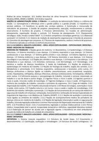 25
Análise de séries temporais. 10.1 Análise descritiva de séries temporais. 10.2 Estacionariedade. 10.3
Modelos ARMA, ARIMA e SARIMA. 10.4 Análise espectral.
NOÇÕES DE ADMINISTRAÇÃO GERAL E PÚBLICA: 1 A evolução da Administração Pública e a reforma do
Estado. 1.1 Convergências e diferenças entre a gestão pública e a gestão privada. 1.2 Excelência nos
serviços públicos. 1.3 Excelência na gestão dos serviços públicos. 2 Construção e mensuração de
indicadores de processos. 3 Gestão de projetos: planejamento, execução, monitoramento e controle,
encerramento. 4 Escritório de projetos. 5 Processo administrativo. 5.1 Funções de administração:
planejamento, organização, direção e controle. 5.2 Processo de planejamento. 5.2.1 Planejamento
estratégico: visão, missão e análise SWOT. 5.2.2 Análise competitiva e estratégias genéricas. 5.2.3 Balanced
scorecard. 5.3 Controle 5.3.1 Sistema de medição de desempenho organizacional. 6 Gestão de processos.
6.1 Conceitos da abordagem por processos. 6.2 Técnicas de mapeamento, análise e melhoria de processos.
6.3 Estatística aplicada ao controle e à melhoria de processos.
13.2.1.2.6 CARGO 6: ANALISTA JUDICIÁRIO – ÁREA: APOIO ESPECIALIZADO – ESPECIALIDADE: MEDICINA –
RAMO: MEDICINA DO TRABALHO
MEDICINA DO TRABALHO: 1 Noções gerais de medicina. 1.1 Bioestatística. 1.2 Epidemiologia. 1.3 Doenças
infecciosas. 1.4 Sistema imunitário e suas doenças. 1.5 Sistema respiratório e suas doenças. 1.6 Sistema
cardiovascular e suas doenças. 1.7 Sistema gênito-urinário e suas doenças. 1.8 Sistema digestivo e suas
doenças. 1.9 Sistema endócrino e suas doenças. 1.10 Sistema locomotor e suas doenças. 1.11 Sistema
neurológico e suas doenças. 1.12 Órgãos dos sentidos e suas doenças. 1.13 Psiquismo e suas doenças. 1.14
Metabolismo e suas doenças. 1.15 Distúrbios nutricionais. 1.16 Dermatologia. 1.17 Hematologia. 1.18
Genética e noções de doenças hereditárias. 2 Saúde do trabalhador. 2.1 Noções de estatística e
epidemiologia em medicina do trabalho. 2.2 Noções de fisiologia do trabalho: órgãos dos sentidos. 2.2.1
Metabolismo e alimentação. 2.2.2 Sistemas respiratório, cardiovascular e locomotor, entre outros. 2.3
Doenças profissionais e doenças ligadas ao trabalho: pneumoconioses, asma ocupacional, neoplasias,
surdez, hepatopatias, nefropatias, doenças infecciosas, doenças cardiovasculares, hematopatias, LER/Dort,
entre outras. 2.4 Sofrimento psíquico e psicopatologia do trabalho, incluindo o estresse relacionado ao
trabalho e o uso de álcool e outras drogas. 2.5 Agentes físicos e riscos à saúde. 2.6 Agentes químicos e
riscos à saúde, incluindo noções de toxicologia. 2.7 Agentes biológicos e riscos à saúde. 2.8 Ergonomia e
melhoria das condições de trabalho: conceitos e princípios da ergonomia. 2.8.1 Carga de trabalho. 2.8.2
Organização do trabalho. 2.8.3 Trabalho sob pressão temporal. 2.8.4 Novas tecnologias, automação e riscos
à saúde, entre outros. 2.9 Trabalho noturno e em turnos: riscos à saúde e noções de cronobiologia. 2.10
Acidentes do trabalho: definições e prevenção. 2.11 Noções de funcionamento de um serviço de medicina e
segurança do trabalho em empresas: composição, funcionamento e atribuições do Serviço Especializado em
Engenharia de Segurança e em Medicina do Trabalho (SESMT). 2.11.1 Noções de avaliação e controle dos
riscos ligados ao ambiente de trabalho. 2.11.2 Noções de acompanhamento médico de portadores de
doenças crônicas em medicina do trabalho. 2.12 Noções de legislação relacionada à saúde e à segurança do
trabalho, incluindo legislação acidentária e normas internacionais da Organização Internacional do Trabalho
(OIT). 2.13 Previdência Social. 2.13.1 Funcionamento, legislação e conduta médico-pericial. 2.13.2 Perícia
médica: incapacidade total e parcial, incapacidade temporária e definitiva, capacidade laborativa residual.
2.13.3 Elaboração de parecer de acordo com a legislação vigente. 3 Assistência em nível ambulatorial:
atuação do médico do trabalho em unidade de ambulatório.
13.2.1.2.7 CARGO 7: ANALISTA JUDICIÁRIO – ÁREA: APOIO ESPECIALIZADO – ESPECIALIDADE: MEDICINA –
RAMO: ORTOPEDIA
ORTOPEDIA: 1 Sistema músculo esquelético. 1.1 Estrutura do tecido ósseo. 1.2 Crescimento e
desenvolvimento. 1.3 Calcificação, ossificação e remodelagem. 1.4 Estrutura do tecido cartilaginoso. 1.5
 