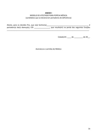 ANEXO I
                          MODELO DE ATESTADO PARA PERÍCIA MÉDICA
                     (candidatos que se declararam portadores de deficiência)


Atesto, para os devidos fins, que o(a) Senhor(a)___________________________________________ é
portador(a) da(s) doença(s), CID ________________, que resulta(m) na perda das seguintes funções
____________________________________________________________________________________.


                                                            Cidade/UF, ____ de _________ de 20__.




                                 Assinatura e carimbo do Médico




                                                                                              30
 