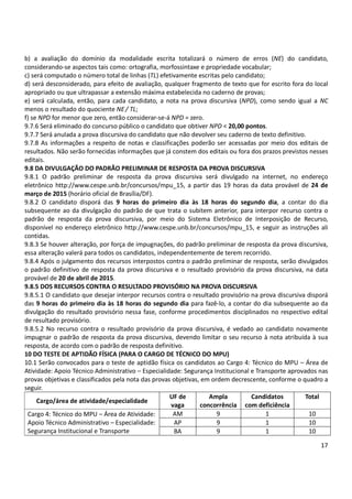 17
b) a avaliação do domínio da modalidade escrita totalizará o número de erros (NE) do candidato,
considerando-se aspectos tais como: ortografia, morfossintaxe e propriedade vocabular;
c) será computado o número total de linhas (TL) efetivamente escritas pelo candidato;
d) será desconsiderado, para efeito de avaliação, qualquer fragmento de texto que for escrito fora do local
apropriado ou que ultrapassar a extensão máxima estabelecida no caderno de provas;
e) será calculada, então, para cada candidato, a nota na prova discursiva (NPD), como sendo igual a NC
menos o resultado do quociente NE/ TL;
f) se NPD for menor que zero, então considerar-se-á NPD = zero.
9.7.6 Será eliminado do concurso público o candidato que obtiver NPD < 20,00 pontos.
9.7.7 Será anulada a prova discursiva do candidato que não devolver seu caderno de texto definitivo.
9.7.8 As informações a respeito de notas e classificações poderão ser acessadas por meio dos editais de
resultados. Não serão fornecidas informações que já constem dos editais ou fora dos prazos previstos nesses
editais.
9.8 DA DIVULGAÇÃO DO PADRÃO PRELIMINAR DE RESPOSTA DA PROVA DISCURSIVA
9.8.1 O padrão preliminar de resposta da prova discursiva será divulgado na internet, no endereço
eletrônico http://www.cespe.unb.br/concursos/mpu_15, a partir das 19 horas da data provável de 24 de
março de 2015 (horário oficial de Brasília/DF).
9.8.2 O candidato disporá das 9 horas do primeiro dia às 18 horas do segundo dia, a contar do dia
subsequente ao da divulgação do padrão de que trata o subitem anterior, para interpor recurso contra o
padrão de resposta da prova discursiva, por meio do Sistema Eletrônico de Interposição de Recurso,
disponível no endereço eletrônico http://www.cespe.unb.br/concursos/mpu_15, e seguir as instruções ali
contidas.
9.8.3 Se houver alteração, por força de impugnações, do padrão preliminar de resposta da prova discursiva,
essa alteração valerá para todos os candidatos, independentemente de terem recorrido.
9.8.4 Após o julgamento dos recursos interpostos contra o padrão preliminar de resposta, serão divulgados
o padrão definitivo de resposta da prova discursiva e o resultado provisório da prova discursiva, na data
provável de 20 de abril de 2015.
9.8.5 DOS RECURSOS CONTRA O RESULTADO PROVISÓRIO NA PROVA DISCURSIVA
9.8.5.1 O candidato que desejar interpor recursos contra o resultado provisório na prova discursiva disporá
das 9 horas do primeiro dia às 18 horas do segundo dia para fazê-lo, a contar do dia subsequente ao da
divulgação do resultado provisório nessa fase, conforme procedimentos disciplinados no respectivo edital
de resultado provisório.
9.8.5.2 No recurso contra o resultado provisório da prova discursiva, é vedado ao candidato novamente
impugnar o padrão de resposta da prova discursiva, devendo limitar o seu recurso à nota atribuída à sua
resposta, de acordo com o padrão de resposta definitivo.
10 DO TESTE DE APTIDÃO FÍSICA (PARA O CARGO DE TÉCNICO DO MPU)
10.1 Serão convocados para o teste de aptidão física os candidatos ao Cargo 4: Técnico do MPU – Área de
Atividade: Apoio Técnico Administrativo – Especialidade: Segurança Institucional e Transporte aprovados nas
provas objetivas e classificados pela nota das provas objetivas, em ordem decrescente, conforme o quadro a
seguir.
Cargo/área de atividade/especialidade
UF de
vaga
Ampla
concorrência
Candidatos
com deficiência
Total
Cargo 4: Técnico do MPU – Área de Atividade:
Apoio Técnico Administrativo – Especialidade:
Segurança Institucional e Transporte
AM 9 1 10
AP 9 1 10
BA 9 1 10
 