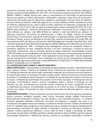 30
zoneamento (zonning); conceitos e aplicações de VPN nas modalidades: Host-To-Gateway, Gateway-To-
Gateway e protocolos IPSec (ISAKMP, AH, ESP), PPTP, L2TP; ferramentas de gerenciamento de rede: SNMPv1,
SNMPv2, SNMPv3 e RMON; técnicas para coleta e processamento de informações de gerenciamento;
técnicas para gerência de falhas, desempenho, configuração e segurança; meios físicos de transmissão e
cabeamento estruturado: tipos de cabeamento, categorias e propriedades; VoIP (Voz sobre IP); telefonia -
conceitos básicos de telefonia, codificação digital da voz, serviços telefônicos (PSTN), qualidade de serviço
em telefonia; codificação da voz, codecs e tipos de codecs, algoritmos de codificação e compressão de voz
(G.711, G.722, G.723, G.728, G.729); voz sobre IP, protocolos para serviços multimídia (RTP, RTCP, SIP, H.323.
MGCP); vídeo-conferência – família de protocolos para codificação e transmissão de voz e imagem H.323;
redes definidas por software: rede WAN definida por software e rede local definida por software. 22
Segurança corporativa: ferramentas de monitoramento e análise de tráfego; sistemas de proteção
(características, funcionamento, aspectos de implementação e configuração prática), especificamente Next
Generation Firewall, sistemas de detecção de intrusão (IDS), sistemas de prevenção de intrusão (IPS), End
Point Protection (EPP), DLP (Data Loss Prevention), WAF (Web Application Firewall), Proxy/Web Filter, VLAN
- IEEE 802.1Q, gestão de identidades/SSO (Single Sign On), DNSSEC (DNS Security), SIEM (Security Information
and Event Management), PAM – Privileged Account Management; técnicas de criptografia simétrica e
assimétrica, algoritmos de Hash, criptografia de bloco e de fluxo. Classificação e controle de ativos de
informação; conhecimento sobre as principais técnicas de ataque explorando vulnerabilidades da pilha
TCP/IP, de fraudes em Internet Banking, e de engenharia social; segurança no desenvolvimento de sistemas,
SDL - Security Development Lifecycle, SAST - Static Application Security Testing, DAST - Dynamic Application
Security Testing, PenTest (Penetration Test); computação em nuvem; forense computacional; certificação
digital; gestão de segurança da informação: normas NBR ISO/IEC nº 27001:2013 e nº 27002:2013; Resolução
BACEN nº 4.658/2018; Lei nº 13.709/2018.
16.2.4 DISCIPLINAS PARA O CARGO 2: ANALISTA BANCÁRIO 1
LÍNGUA PORTUGUESA: 1 Compreensão e interpretação de textos de gêneros variados. 2 Reconhecimento de
tipos e gêneros textuais. 3 Domínio da ortografia oficial. 4 Domínio dos mecanismos de coesão textual.
4.1 Emprego de elementos de referenciação, substituição e repetição, de conectores e de outros elementos
de sequenciação textual. 4.2 Emprego de tempos e modos verbais. 5 Domínio da estrutura morfossintática
do período. 5.1 Emprego das classes de palavras. 5.2 Relações de coordenação entre orações e entre termos
da oração. 5.3 Relações de subordinação entre orações e entre termos da oração. 5.4 Emprego dos sinais de
pontuação. 5.5 Concordância verbal e nominal. 5.6 Regência verbal e nominal. 5.7 Emprego do sinal
indicativo de crase. 5.8 Colocação dos pronomes átonos. 6 Reescrita de frases e parágrafos do texto.
6.1 Significação das palavras. 6.2 Substituição de palavras ou de trechos de texto. 6.3 Reorganização da
estrutura de orações e de períodos do texto. 6.4 Reescrita de textos de diferentes gêneros e níveis de
formalidade.
CONHECIMENTOS GERAIS: 1 Tópicos relevantes e atuais de diversas áreas, tais como segurança, transportes,
política, economia, sociedade, educação, saúde, cultura, tecnologia, energia, relações internacionais,
desenvolvimento sustentável e ecologia, suas inter‐relações e suas vinculações históricas. 2 O nordeste
brasileiro: geografia, atividades econômicas, contrastes intra-regionais, o polígono das secas e as
características das regiões naturais do nordeste; o nordeste no contexto nacional. 3 O Banco do Nordeste do
Brasil S.A.: legislação básica, programas e informações gerais de sua atuação como agente impulsionador do
desenvolvimento sustentável da região nordeste. 4 Informática: conceitos de informática, hardware e
software; sistemas operacionais (Windows e Linux); editor de texto e edição e formatação de textos,
processador de texto (Word e BrOffice.org Writer); planilhas eletrônicas (Excel e BrOffice.org Calc); editor de
apresentações (PowerPoint e BrOffice.org Impress); conceitos de tecnologias relacionadas à Internet e
 