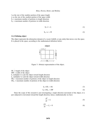 Mota, Pereira, Botter, and Medina
l as the size of the smallest portion of the space length
w as the size of the smallest portion of the space width
Sl = maximum number of portions in length direction
Sw = maximum number of portions in width direction
Sl ∗l = L (1)
Sw ∗w = W (2)
3.1.2 Deﬁning object
The object represents the abstraction element of a vessel, forklift, or any entity that moves over the space.
It is placed in the space, according to the mathematical deﬁnition below:
Figure 3: Abstract representation of the object.
.
OL = length of the object
OW = width of the object
ki multiplier to scale the object toward length direction
kj multiplier to scale the object toward width direction
OSl = maximum number of portions of the object in length direction
OSw = maximum number of portions of the object in width direction
ki ∗OSl = OL (3)
kj ∗OSw = OW (4)
Since the scope of this research is just investigating a single direction movement of the object, it is
just subjected to movement toward the length direction, hence, mathematically we have:
∂l
∂t
= vl (5)
∂w
∂t
= vw = 0 (6)
3478
 