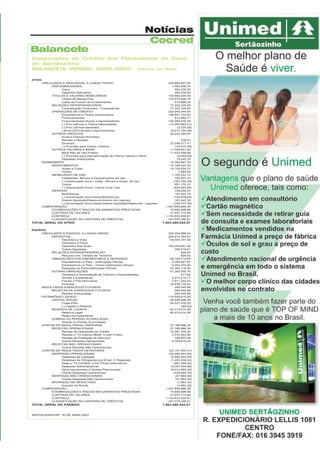 Balancete

Notícias
Cocred

Cooperativa de Crédito dos Plantadores de Cana
de Sertãozinho
BALANCETE MENSAL ABRIL/2007 valores em Reais

Revista Canavieiros - Junho de 2007

 