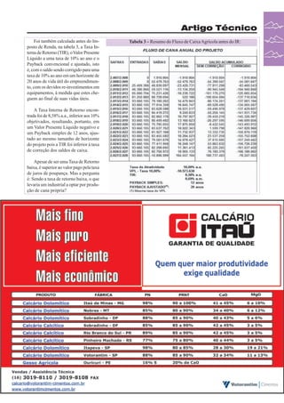 Artigo Técnico
Foi também calculada antes do Imposto de Renda, na tabela 3, a Taxa Interna de Retorno (TIR), o Valor Presente
Líquido a uma taxa de 10% ao ano e o
Payback convencional e ajustado, isto
é, com o saldo sendo corrigido para uma
taxa de 10% ao ano em um horizonte de
20 anos de vida útil do empreendimento, com os devidos re-investimentos em
equipamentos, à medida que estes cheguem ao final de suas vidas úteis.

Tabela 3 – Resumo do Fluxo de Caixa Agrícola antes do IR:

A Taxa Interna de Retorno encontrada foi de 8,58% a.a., inferior aos 10%
objetivados, resultando, portanto, em
um Valor Presente Líquido negativo e
um Payback simples de 12 anos, ajustado ao mesmo tamanho de horizonte
do projeto pois a TIR foi inferior à taxa
de correção dos saldos de caixa.
Apesar de ser uma Taxa de Retorno
baixa, é superior ao valor pago pela taxa
de juros de poupança. Mas a pergunta
é: Sendo a taxa de retorno baixa, o que
levaria um industrial a optar por produção de cana própria?

Revista Canavieiros - Junho de 2007

 