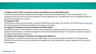 9. Register with the Office of Inspector, Shops and Establishment Act (State/Municipal)
A statement containing the employer’s and manager’s names and the establishment’s name, postal address, and
category must be sent to the local shop inspector with the applicable fees. Establishments must be registered within 30
days of the opening of the business.
10. Register for GST
Every business whose Annual turnover exceeds Rs 20 lakh (for special states, the amount is Rs 10 lakh) has to register for
GST. Please go to the GST portal and follow the procedure instructed.
11. Register for Profession Tax at the Profession Tax Office (State)
According to section 5 of the Profession Tax Act, every employer (not being an officer of the government) is liable to
taxation and shall obtain a certificate of registration from the prescribed authority. The company is required to apply to
the registering authority using Form 1.
12. Register with Employees’ Provident Fund Organization (National)
The employer is required to provide necessary information to the concerned regional Provident Fund Organization
(EPFO) in the prescribed manner for allotment of Establishment Code Number. No separate registration is required for
the employees.
Anubha Rastogi | VSB
 