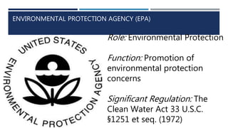 ENVIRONMENTAL PROTECTION AGENCY (EPA)
Role: Environmental Protection
Function: Promotion of
environmental protection
concerns
Significant Regulation: The
Clean Water Act 33 U.S.C.
§1251 et seq. (1972)
 