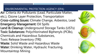 ENVIRONMENTAL PROTECTION AGENCY (EPA)
Regulated by The EPA:
Air: Criteria Air Pollutants (Lead, Particulate Matter,
etc.), Ozone Layer Protection, Transportation
Cross-cutting Issues: Climate Change, Asbestos, Lead
Emergency Management: Oil Spills
Land & Cleanup: Underground Storage Tanks (USTs)
Toxic Substances: Polychlorinated Biphenyls (PCBs),
Chemicals and Hazardous Substances,
Toxic Release Inventory (TRI)
Waste: Solid Waste and Hazardous Waste
Water: Drinking Water, Hydraulic Fracturing,
Mountaintop Mining
 