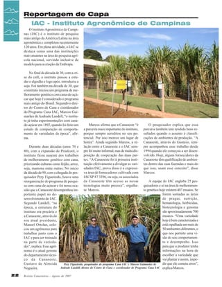 Reportagem de Capa
IAC - Instituto Agronômico de Campinas
O Instituto Agronômico de Campinas (IAC) é o instituto de pesquisa
mais antigo da América Latina na área
agronômica e completou recentemente
120 anos. Em plena atividade, o IAC se
destaca como uma das instituições
mais atuantes na área de pesquisa agrícola nacional, servindo inclusive de
modelo para a criação da Embrapa.
No final da década de 30, com a crise do café, o instituto passou a estudar o algodão e logo após, introduziu a
soja. Foi também na década de 30, que
o instituto iniciou um programa de melhoramento genético com cana-de-açúcar que hoje é considerado o programa
mais antigo do Brasil. Segundo o diretor do Centro de Cana e coordenador
do Programa Cana IAC, Marcos Guimarães de Andrade Landell, “o instituto já tinha experimentações com canade-açúcar em 1892, quando foi feito um
estudo de comparação de comportamento de variedades da época”, afirma.

Marcos afirma que a Canaoeste “é
a parceira mais importante do instituto,
porque sempre acreditou no seu potencial. Por isso merece um lugar de
honra”. Ainda segundo Marcos, a relação entre a Canaoeste e o IAC sempre foi muito informal, mas de muita disposição de cooperação das duas partes. “A Canaoeste foi à primeira instituição efetivamente a divulgar as variedades IAC, prova disso é a expressiva área de fornecedores cultivada com
IACSP 87 3396, ou seja, os associados
da Canaoeste têm acesso as novas
tecnologias muito precoce”, orgulhase Marcos.

O pesquisador explica que essa
parceria também tem rendido bons resultados quando o assunto é classificações de ambientes de produção. “A
Canaoeste, através do Gustavo, sempre acompanhou esse trabalho desde
1994 quando ele começou a ser desenvolvido. Hoje, alguns fornecedores da
Canaoeste têm qualificação de ambientes dentro das suas fazendas e mais do
que isso, usam esse conceito”, disse
Marcos.

Durante duas décadas (anos 70 e
80), com a expansão do Proalcool, o
instituto ficou ausente dos trabalhos
de melhoramento genético com cana,
priorizando culturas como feijão, arroz,
soja, mamona entre outras. No início
da década de 90, com a chegada do pesquisador Pery Figueiredo, houve uma
A equipe do IAC engloba 25 pesreorganização do programa de pesquiquisadores e só na área de melhoramensa com cana-de-açúcar e foi nessa ocato genético hoje existem 407 ensaios. Se
sião que a Canaoeste desempenhou imforem somadas as áreas
portante papel no dede pragas, nutrição,
senvolvimento do IAC.
hematologia, herbicidas,
Segundo Landell, “na
biotecnologia e genoma
época, a estrutura do
são aproximadamente 700
instituto era precária e
ensaios. “Uma variedade
a Canaoeste, através do
hoje é bem caracterizada e
seu atual presidente,
está espalhada em mais de
Manoel Ortolan, colo50 ambientes diferentes, o
cou um agrônomo para
que nos permite uma vitrabalhar junto com o
são do seu comportamenIAC e para ser treinado
to e desempenho. Isso
na parte de variedapara que o produtor tenha
des”, explica. Esse agrôinformações na hora de
nomo é o atual gerente
escolher a variedade que
do departamento técnivai plantar e assim, impeco da Canaoeste,
dir que ele cometa erros”,
Gustavo de Almeida
Pery Figueiredo, pesquisador do programa Cana IAC e Marcos Guimarães de
Andrade Landell, diretor do Centro de Cana e coordenador do Programa Cana IAC explica Marcos.
Nogueira.
22

Revista Canavieiros - Agosto de 2007

 