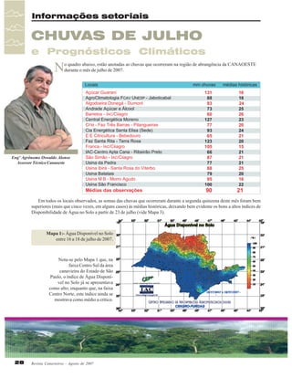 Informações setoriais

CHUVAS DE JULHO
e Prognósticos Climáticos

N

o quadro abaixo, estão anotadas as chuvas que ocorreram na região de abrangência da CANAOESTE
durante o mês de julho de 2007.

Engº Agrônomo Oswaldo Alonso
Assessor Técnico Canaoeste

Em todos os locais observados, as somas das chuvas que ocorreram durante a segunda quinzena deste mês foram bem
superiores (mais que cinco vezes, em alguns casos) às médias históricas, deixando bem evidente os bons a altos índices de
Disponibilidade de Água no Solo a partir de 23 de julho (vide Mapa 3).

Mapa 1:- Água Disponível no Solo
entre 16 a 18 de julho de 2007.

Nota-se pelo Mapa 1 que, na
faixa Centro Sul da área
canavieira do Estado de São
Paulo, o índice de Água Disponível no Solo já se apresentava
como alto; enquanto que, na faixa
Centro Norte, este índice ainda se
mostrava como médio a crítico.

28

Revista Canavieiros - Agosto de 2007

 