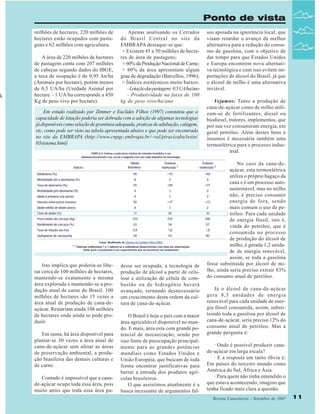 Ponto de vista
milhões de hectares, 220 milhões de
hectares estão ocupados com pastagens e 62 milhões com agricultura.
A área de 220 milhões de hectares
de pastagem conta com 207 milhões
de cabeças segundo dados do IBGE,
a taxa de ocupação é de 0,95 An/ha
(Animais por hectare), porém menos
de 0,5 UA/ha (Unidade Animal por
hectare – 1 UA/ha corresponde a 450
Kg de peso vivo por hectare).

Apenas analisando os Cerrados
do Brasil Central no site da
EMBRAPA destaque-se que:
> Existem 45 a 50 milhões de hectares de área de pastagens;
> 60% da Produção Nacional de Carne;
> 80% da área apresentam algum
grau de degradação (Barcellos, 1996);
> Índices zootécnicos muito baixos:
- Lotação das pastagens: 0,5 UA/ha/ano
- Produtividade na faixa de 100
kg de peso vivo/ha/ano

Em estudo realizado por Zimmer e Euclides Filhos (1997) constatou que a
capacidade de lotação poderia ser dobrada com a adoção de algumas tecnologias
já disponíveis como seleção de gramínea adequada, praticas de adubação, calagem,
etc, como pode ser visto na tabela apresentada abaixo e que pode ser encontrada
no site da EMBRAPA (http://www.cnpgc.embrapa.br/~val/piracicaba/texto/
03sistema.html)

Isto implica que poderia-se liberar cerca de 100 milhões de hectares,
mantendo-se exatamente a mesma
área explorada e mantendo-se a produção atual de carne do Brasil. 100
milhões de hectares são 15 vezes a
área atual de produção de cana-deaçúcar. Restariam ainda 106 milhôes
de hectares onde ainda se pode produzir.
Em suma, há área disponível para
plantar-se 30 vezes a área atual de
cana-de-açúcar sem afetar as áreas
de preservação ambiental, a produção brasileira das demais culturas e
de carne.
Contudo é impossível que a canade-açúcar ocupe toda essa área, pois
muito antes que toda essa área pu-

desse ser ocupada, a tecnologia de
produção de álcool a partir de celulose e utilização de célula de combustão ou de hidrogênio haverá
avançado, tornando desnecessário
um crescimento desta ordem da cultura de cana-de-açúcar.
O Brasil é hoje o país com a maior
área agricultável disponível no mundo. E mais, área esta com grande potencial de mecanização, sendo por
isso fonte de preocupação principalmente para as grandes potências
mundiais como Estados Unidos e
União Européia, que buscam de toda
forma encontrar justificativas para
barrar a entrada dos produtos agrícolas brasileiros.
O que assistimos atualmente é a
busca incessante de argumentos fal-

sos apoiada na ignorância local, que
visam retardar o avanço da melhor
alternativa para a redução do consumo de gasolina, com o objetivo de
dar tempo para que Estados Unidos
e Europa encontrem nova alternativa tecnológica e com isso evitem importações de álcool do Brasil, já que
o álcool de milho é uma alternativa
inviável.
Vejamos: Tanto a produção de
cana-de-açúcar como de milho utilizam-se de fertilizantes, diesel ou
biodiesel, tratores, implementos, que
por sua vez consumiram energia, em
geral petróleo. Além destes bens e
insumos é necessária também uma
termoelétrica para o processo industrial.
No caso da cana-deaçúcar, esta termoelétrica
utiliza o próprio bagaço da
cana e é um processo autosustentável, mas no milho
não, é preciso consumir
energia de fora, sendo
mais comum o uso de petróleo. Para cada unidade
de energia fóssil, isto é,
vinda do petróleo, que é
consumida no processo
de produção do álcool de
milho, é gerada 1,2 unidade de energia renovável,
assim, se toda a gasolina
fosse substituída por álcool de milho, ainda seria preciso extrair 83%
do consumo atual de petróleo.
Já o álcool de cana-de-açúcar
gera 8,3 unidades de energia
renovável para cada unidade de energia fóssil consumida, assim, substituindo toda a gasolina por álcool de
cana-de-açúcar, seria preciso 12% do
consumo atual de petróleo. Mas a
grande pergunta é:
· Onde é possível produzir canade-açúcar em larga escala?
· E a resposta um tanto óbvia é:
Em países do terceiro mundo como
América do Sul, África e Ásia.
· Para quem não tinha entendido o
que estava acontecendo, imagino que
tenha ficado mais clara a questão.
Revista Canavieiros - Setembro de 2007

11

 