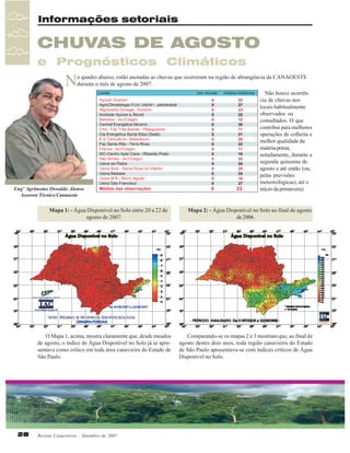 Informações setoriais

CHUVAS DE AGOSTO
e Prognósticos Climáticos

N

o quadro abaixo, estão anotadas as chuvas que ocorreram na região de abrangência da CANAOESTE
durante o mês de agosto de 2007.

Engº Agrônomo Oswaldo Alonso
Assessor Técnico Canaoeste

Mapa 1: - Água Disponível no Solo entre 20 a 22 de
agosto de 2007.

O Mapa 1, acima, mostra claramente que, desde meados
de agosto, o índice de Água Disponível no Solo já se apresentava como crítico em toda área canavieira do Estado de
São Paulo.

28

Revista Canavieiros - Setembro de 2007

Não houve ocorrência de chuvas nos
locais habitualmente
observados ou
consultados. O que
contribui para melhores
operações de colheita e
melhor qualidade da
matéria prima,
notadamente, durante a
segunda quinzena de
agosto e até então (ou,
pelas previsões
meteorológicas), até o
início da primavera)

Mapa 2: - Água Disponível no Solo ao final de agosto
de 2006.

Comparando-se os mapas 2 e 3 mostram que, ao final de
agosto destes dois anos, toda região canavieira do Estado
de São Paulo apresentava-se com índices críticos de Água
Disponível no Solo.

 