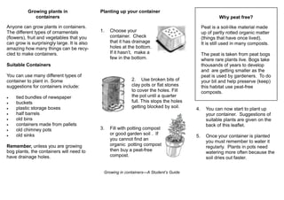 Growing plants in
containers
Anyone can grow plants in containers.
The different types of ornamentals
(flowers), fruit and vegetables that you
can grow is surprisingly large. It is also
amazing how many things can be recycled to make containers.

Planting up your container
Why peat free?
1.

Peat is a soil-like material made
up of partly rotted organic matter
(things that have once lived).
It is still used in many composts.

Choose your
container. Check
that it has drainage
holes at the bottom.
If it hasn’t, make a
few in the bottom.

The peat is taken from peat bogs
where rare plants live. Bogs take
thousands of years to develop
and are getting smaller as the
peat is used by gardeners. To do
your bit and help preserve (keep)
this habitat use peat-free
composts.

Suitable Containers
You can use many different types of
container to plant in. Some
suggestions for containers include:
•
•
•
•
•
•
•
•

tied bundles of newspaper
buckets
plastic storage boxes
half barrels
old bins
containers made from pallets
old chimney pots
old sinks

Remember, unless you are growing
bog plants, the containers will need to
have drainage holes.

2. Use broken bits of
clay pots or flat stones
to cover the holes. Fill
the pot until a quarter
full. This stops the holes
getting blocked by soil.

3.

Fill with potting compost
or good garden soil . If
you cannot find an
organic potting compost
then buy a peat-free
compost.

Growing in containers—A Student’s Guide

4.

You can now start to plant up
your container. Suggestions of
suitable plants are given on the
back of this leaflet.

5.

Once your container is planted
you must remember to water it
regularly. Plants in pots need
watering more often because the
soil dries out faster.

 