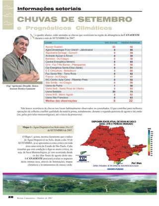 Informações setoriais

CHUVAS DE SETEMBRO
e Prognósticos Climáticos

N

o quadro abaixo, estão anotadas as chuvas que ocorreram na região de abrangência da CANAOESTE
durante o mês de SETEMBRO de 2007.

Engº Agrônomo Oswaldo Alonso
Assessor Técnico Canaoeste

Não houve ocorrência de chuvas nos locais habitualmente observados ou consultados. O que contribui para melhores
operações de colheita e melhor qualidade da matéria prima, notadamente, durante a segunda quinzena de agosto e até então
(ou, pelas previsões meteorológicas), até o início da primavera)

Mapa 1:- Água Disponível no Solo entre 10 a 12
de SETEMBRO de 2007.
O Mapa 1, acima, mostra claramente que o índice
de Água Disponível no Solo, desde o dia 10 de
SETEMBRO, já se apresentava como crítico em toda
área canavieira do Estado de São Paulo. Cabe
ressaltar que esta condição e diga-se muito crítica, ou
seja, de Seca Meteorológica, já vem ocorrendo desde
os dez dias finais de agosto deste ano.
A CANAOESTE procurará avaliar os impactos
desta intensa seca, através de Instituições, mapas
climáticos e levantamentos de massa verde.

26

Revista Canavieiros - Outubro de 2007

Comparando-se os mapas 2 e 3 mostram que, ao final de
agosto destes dois anos, toda região canavieira do Estado
de São Paulo apresentava-se com índices críticos de Água
Disponível no Solo.

 