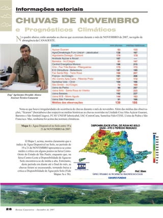 Informações setoriais

CHUVAS DE NOVEMBRO
e Prognósticos Climáticos

N

o quadro abaixo, estão anotadas as chuvas que ocorreram durante o mês de NOVEMBRO de 2007, na região de
abrangência da CANAOESTE.

Engº Agrônomo Oswaldo Alonso
Assessor Técnico Canaoeste

Nota-se que houve irregularidades de ocorrência de chuvas durante o mês de novembro. Além das médias das observações, “ficaram” (bem)abaixo das respectivas médias históricas as chuvas ocorridas na Unidade Cruz Alta-Açúcar Guarani,
Barretos e São Simão(Ciiagro), FCAV UNESP Jaboticabal, IAC-CentroCana, Santelisa Vale-CESE, Usina da Pedra e São
Francisco. Mas, nenhuma foi acima das normais climáticas.
Mapa 1:- Água Disponível no Solo entre 19 a
21 de NOVEMBRO de 2007.

O Mapa 1, acima, mostra claramente que o
índice de Água Disponível no Solo, no período de
19 a 21 de NOVEMBRO apresentava-se como
médio e crítico em alguns pontos na faixa CentoOeste do Estado de São Paulo; enquanto que, na
faixa Centro-Leste a Disponibilidade de Água no
Solo encontrava-se de média a alta. Entretanto,
deste período em diante até o final do mês, as
chuvas foram se escasseando, tornando baixa a
crítica a Disponibilidade de Água pelo Solo (Vide
Mapas 3a e 3b).

26

Revista Canavieiros - Dezembro de 2007

 