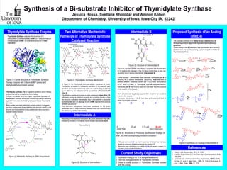 Synthesis of a Bi-substrate Inhibitor of Thymidylate Synthase
Jessica Hossa, Svetlana Kholodar and Amnon Kohen
Department of Chemistry, University of Iowa, Iowa City IA, 52242
Thymidylate Synthase Enzyme Intermediate B Proposed Synthesis of an Analog
of Int.-B• Thymidylate Synthase catalyzes the conversion of 2ʹ-
deoxyuridine 5ʹ -monophosphate (dUMP) to 2ʹ-deoxythymidine 5 -ʹ
monophosphate (dTMP), an essential bioprecursor of DNA
replication
Two Alternative Mechanistic
Pathways of Thymidylate Synthase
Catalyzed Reaction
• Thymidylate synthase (TS) is targeted for potential cancer therapy
treatment as well as antibacterial chemotherapy.
• A known ‘anti-cancer’ drug that targets Thymidylate Synthase is 5-
fluorouracil, however, some colon cancers have gained resistance
against 5-fluorouracil and the drug lacks specificity to Thymidylate
synthase.
• Many studies have been performed and are currently in progress
involving development of new inhibitors that are more specific to the
enzyme and have potential to help patients who have acquired a
resistant strain of cancer.
Figure (2) Metabolic Pathway to DNA biosynthesis
• In Figure (3) the Thymidylate Synthase catalytic mechanism is shown.
The reaction is initiated by nucleophilic activation of the substrate upon
formation of a covalent bond to the active site cysteine (Step 1) followed
by an attack by the methylene of the co-substrate with C5 of dUMP
(Step 2).
• The following mechanism involves a proton abstraction (steps 3A or 3B)
with water serving as the direct acceptor and a hydride transfer to form
the exocyclic methylene intermediate. Step 5 proceeds with a concerted
hydride transfer and C-S cleavage to form dTMP (reported from previous
QM/MM calculations)(1)
.
• Two alternative mechanisms have been considered for the proton
abstraction step 3. Major difference between these two mechanisms is
the nature of generated intermediates.
• Previously reported QM/MM calculations (1)
suggested that deprotonation
of C5 leads to the cleavage of the C-S bond which shows a new non-
covalently bound reaction intermediate (Intermediate B).
• Further studies(2)
demonstrated that chemically synthesized Int.-B is
behaving like a reaction intermediate. Specifically, Int.-B was found to
partition between substrates (dUMP and CH2H4Folate) and products
(dTMP and CH2Folate) of Thymidylate Synthase catalyzed reaction.
Additionally, Int.-B was found to react at a rate faster than the substrate
of the reaction (CH2H4Folate).
• Int.-B provides new drug design opportunities since it is non-covalently
bound do the enzyme.
• Previously, few analogs of Int.-B have been synthesized and found to
inhibit Thymidylate Synthase:
• The proposed synthesis is for diethyl (4-(((e,4-diamino-5,6,7,8-
tetrahydropyrido[3,2-d]pyrimidin-6yl)methyl)amino)benzoyl)
glutamate
• Similar analog of Int.-B has already been synthesized as a mixture of
diastereomers and reported as being a potent competitive inhibitor of
Thymidylate Synthase.
Figure (4) Structure of Intermediate A
Figure (5) Structure of Intermediate B
References
Figure(7) Synthesis for Analog of Intermediate B
1. Wang Z. et al, Biochemistry, 2013, 52, 2348.
2. Kholodar S. and Kohen A., J.Am.Chem.Soc., (Communication), 2016,
138, 8056.
3. (a) Gupta V.S. and Heunnekens F.M., Biochemistry, 1967, 6, 2168;
(b) Park J.S. et al., J. Med. Chem. , 1979, 22, 1134; (c) Srinivasan A.
et al., J. Med. Chem., 1984, 27, 1710.
• Although compound (4) is a potent nanomolar inhibitor it has only been
tested as a mixture of diastereomers at the position C6.
• Molecular basis of inhibition by analogs (1)-(4) still remains unclear (i.e.
covalent or non-covalent inhibition).
Ki - 37 μM 0.75 μM 58 nM
(human TSase) (mixture of diastereomers)
Figure (6) Structures of Previously Synthesized Analogs of
Int-B and their corresponding inhibition constants3
(1) (2) (3) (4)
1. Synthesize analog of Int.-B as a single diastereomer
2. Test this analog as inhibitor of Thymidylate Synthase
3. Obtain a crystal structure of Thymidylate Synthase complex
with this analog
•According to the traditional mechanism (A) proton abstraction step 3A is
followed by formation of covalently-bound enolate intermediate Int.-A.
Intermediate A
Figure (1) Crystal Structure of Thymidylate Synthase
Ternary Complex with 5-fluoro dUMP (green) and
methylenetetrahydrofolate (yellow)
Current Study Objectives
O
OH
O
N
NH
O
O
O
OH
O
N
NH
O
O Thymidylate Synthase
CH2H4folate H2 folate
H4folate
HN
N N
H
H
N
HN
N N
H
H
N
HN
N N
H
N
O
O
N
H
N
H2N
O
R'
H
N
R'
NADPH
NADP+
Dihydrofolate reductase
Serine
Glycine
Serine hydroxymethyl
transferase
R'
P
O
O
HO
P
O
HO
O
O
OH
O
N
NH
O
O
P
O
O
O
3
DNA
dTTP
dTMP
dUMP
R'=
O
N
H
O OH
OH
O
H2N
H2N
Figure (3) Thymidylate Synthase Mechanism
 