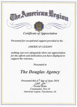 American Legion Post 34 Certificate