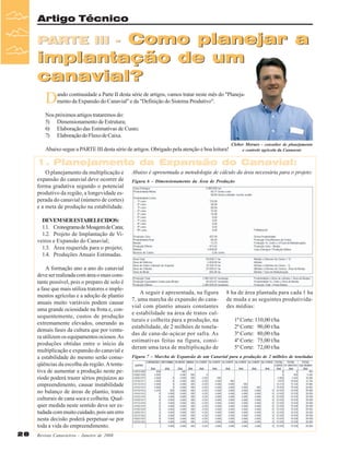 Artigo Técnico

Como planejar a
implantação de um
canavial?
PARTE III -

D

ando continuidade a Parte II desta série de artigos, vamos tratar neste mês do "Planejamento da Expansão do Canavial" e da "Definição do Sistema Produtivo".

Nos próximos artigos trataremos do:
5) Dimensionamento de Estrutura;
6) Elaboração das Estimativas de Custo;
7) Elaboração do Fluxo de Caixa.
Abaixo segue a PARTE III desta série de artigos. Obrigado pela atenção e boa leitura!

Cleber Moraes - consultor de planejamento
e controle agrícola da Canaoeste

1. Planejamento da Expansão do Canavial:
O planejamento da multiplicação e
expansão do canavial deve ocorrer de
forma gradativa segundo o potencial
produtivo da região, a longevidade esperada do canavial (número de cortes)
e a meta de produção na estabilidade.

Abaixo é apresentada a metodologia de cálculo da área necessária para o projeto:
Figura 6 – Dimensionamento da Área de Produção

DEVEM SER ESTABELECIDOS:
1.1. Cronograma de Moagem de Cana;
1.2. Projeto de Implantação de Viveiros e Expansão do Canavial;
1.3. Área requerida para o projeto;
1.4. Produções Anuais Estimadas.
A formação ano a ano do canavial
deve ser realizada com área o mais constante possível, pois o preparo de solo é
a fase que mais utiliza tratores e implementos agrícolas e a adoção de plantio
anuais muito variáveis podem causar
uma grande ociosidade na frota e, consequentemente, custos de produção
extremamente elevados, onerando as
demais fases da cultura que por ventura utilizem os equipamentos ociosos. As
produções obtidas entre o início da
multiplicação e expansão do canavial e
a estabilidade do mesmo serão conseqüências da escolha da região. A tentativa de aumentar a produção neste período poderá trazer sérios prejuízos ao
empreendimento, causar instabilidade
no balanço de áreas de plantio, tratos
culturais de cana soca e colheita. Qualquer medida neste sentido deve ser estudada com muito cuidado, pois um erro
nesta decisão poderá perpetuar-se por
toda a vida do empreendimento.
28

Revista Canavieiros - Janeiro de 2008

A seguir é apresentada, na figura
7, uma marcha de expansão do canavial com plantio anuais constantes
e estabilidade na área de tratos culturais e colheita para a produção, na
estabilidade, de 2 milhões de toneladas de cana-de-açúcar por safra. As
estimativas feitas na figura, consideram uma taxa de multiplicação de

8 ha de área plantada para cada 1 ha
de muda e as seguintes produtividades médias:
1º Corte: 110,00 t/ha
2º Corte: 90,00 t/ha
3º Corte: 80,00 t/ha
4º Corte: 75,00 t/ha
5º Corte: 72,00 t/ha

Figura 7 – Marcha de Expansão de um Canavial para a produção de 2 milhões de toneladas

 