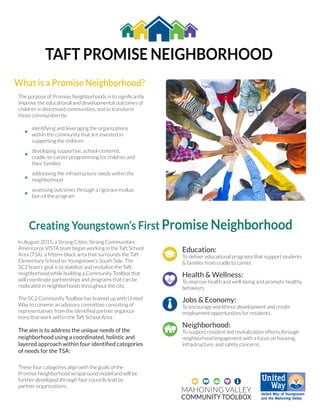MAHONING VALLEY
COMMUNITY TOOLBOX
What is a Promise Neighborhood?
The purpose of Promise Neighborhoods is to signiﬁcantly
improve the educational and developmental outcomes of
children in distressed communities, and to transform
those communities by:
identifying and leveraging the organizations
within the community that are invested in
supporting the children
developing supportive, school-centered,
cradle-to-career programming for children and
their families
addressing the infrastructure needs within the
neighborhood
assessing outcomes through a rigorous evalua-
tion of the program
Creating Youngstown’s First Promise Neighborhood
In August 2015, a Strong Cities, Strong Communities
Americorps VISTA team began working in the Taft School
Area (TSA), a ﬁfteen-block area that surrounds the Taft
Elementary School on Youngstown’s South Side. The
SC2 team’s goal is to stabilize and revitalize the Taft
neighborhood while building a Community Toolbox that
will coordinate partnerships and programs that can be
replicated in neighborhoods throughout the city.
The SC2 Community Toolbox has teamed up with United
Way to convene an advisory committee consisting of
representatives from the identiﬁed partner organiza-
tions that work within the Taft School Area.
The aim is to address the unique needs of the
neighborhood using a coordinated, holistic and
layered approach within four identiﬁed categories
of needs for the TSA:
Education:
To deliver educational programs that support students
& families from cradle to career.
Health & Wellness:
To improve health and well-being and promote healthy
behaviors.
Jobs & Economy:
To encourage workforce development and create
employment opportunities for residents.
Neighborhood:
To support resident-led revitalization efforts through
neighborhood engagement with a focus on housing,
infrastructure, and safety concerns.
TAFT PROMISE NEIGHBORHOOD
These four categories align with the goals of the
Promise Neighborhood wraparound model and will be
further developed through four councils lead by
partner organizations.
 