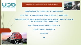 INGENIERIA EN LOGISTICA Y TRANSPORTE
SISTEMA DE TRANSPORTE FERROVIARIO Y CARRETERO
EXPOSICION DE INDICADORES DE MOVILIDAD DE CARGA Y PASAJE
DELTRANSPORTE DE CARRETERA.
DULCE GUADALUPE VALDIVIA GASCA
JOSE CHAVEZ VALENCIA
03-09-21
4A
.
UNIVERSIDAD POLITECNICA DEL BICENTENARIO
 