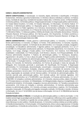 CARGO 1: ANALISTA ADMINISTRATIVO
DIREITO CONSTITUCIONAL: 1 Constituição. 1.1 Conceito, objeto, elementos e classificações. 2 Princípios
fundamentais. 3 Direitos e garantias fundamentais. 3.1 Direitos e deveres individuais e coletivos. 3.2 Habeas
corpus, mandado de segurança, mandado de injunção e habeas data. 3.3 Direitos sociais. 3.4 Nacionalidade.
3.5 Direitos políticos. 3.6 Partidos políticos. 4 Organização do Estado. 4.1 Organização político‐administrativa.
4.2 Estado federal brasileiro. 4.3 União. 4.4 Estados federados. 4.5 Municípios. 4.6 Distrito Federal. 4.7
Territórios. 5 Administração pública. 5.1 Disposições gerais. 5.2 Servidores públicos. 6 Organização dos
poderes no Estado. 6.1 Poder Legislativo. 6.1.1 Estrutura, funcionamento e atribuições. 6.1.2 Fiscalização
contábil, financeira e orçamentária. 6.1.3 Tribunal de Contas da União (TCU). 7 Funções essenciais à Justiça.
7.1 Ministério Público. 7.2 Advocacia pública. 8 Defesa do Estado e das instituições democráticas. 9 Sistema
Tributário Nacional. 10 Finanças públicas. 10.1 Normas gerais. 10.2 Orçamentos. 11 Ordem econômica e
financeira. 11.1 Princípios gerais da atividade econômica. 11.2 Sistema Financeiro Nacional. 12 Artigos 23,
170, 225 e 231 da Constituição Federal de 1988.
DIREITO ADMINISTRATIVO: 1 Estado, governo e administração pública. 1.1 Conceitos. 1.2 Elementos. 2
Direito administrativo. 2.1 Conceito. 2.2 Objeto. 2.3 Fontes. 3 Ato administrativo. 3.1 Conceito, requisitos,
atributos, classificação e espécies. 3.2 Extinção do ato administra vo. 3.2.1 Cassação, anulação, revogação e
convalidação. 3.3 Decadência administra va. 4 Agentes públicos. 4.1 Legislação per nente. 4.1.1 Lei n.º
8.112/1990. 4.1.2 Disposições cons tucionais aplicáveis. 4.2 Disposições doutrinárias. 4.2.1 Conceito. 4.2.2
Espécies. 4.2.3 Cargo, emprego e função pública. 4.2.4 Provimento. 4.2.5 Vacância. 4.2.6 Efe vidade,
estabilidade e vitaliciedade. 4.2.7 Remuneração. 4.2.8 Direitos e deveres. 4.2.9 Responsabilidade. 4.2.10
Processo administra vo disciplinar. 5 Poderes da administração pública. 5.1 Hierárquico, disciplinar,
regulamentar e de polícia. 5.2 Uso e abuso do poder. 6 Regime jurídico‐administra vo. 6.1 Conceito. 6.2
Princípios expressos e implícitos da administração pública. 6.3 Princípio da Legalidade.7 Responsabilidade
civil do Estado. 7.1 Evolução histórica. 7.2 Responsabilidade civil do Estado no direito brasileiro. 8 Serviços
públicos. 8.1 Conceito. 8.2 Elementos cons tu vos. 8.3 Formas de prestação e meios de execução. 8.4
Delegação. 8.4.1 Concessão, permissão e autorização. 8.5 Classiﬁcação. 8.6 Princípios. 9 Organização
administra va. 9.1 Centralização, descentralização, concentração e desconcentração. 9.2 Administração
direta e indireta. 9.3 Autarquias, fundações, empresas públicas e sociedades de economia mista. 9.4
En dades paraestatais e terceiro setor. 9.4.1 Serviços sociais autônomos, en dades de apoio, organizações
sociais, organizações da sociedade civil de interesse público. 10 Controle da administração pública. 10.1
Controle exercido pela administração pública. 10.2 Controle judicial. 10.3 Controle legisla vo. 10.4
Improbidade administra va: Lei n.º 8.429/1992 e suas alterações. 11 Processo administra vo. 11.1 Lei n.º
9.784/1999. 12 Licitações e contratos administra vos. 12.1 Conceito, natureza jurídica, objeto e ﬁnalidade.
12.2 Princípios básicos e correlatos. 12.3 Modalidades. 12.4 Obrigatoriedade, dispensa e inexigibilidade. 12.5
Procedimento licitatório. 12.6 Anulação, revogação e recursos administra vos. 12.7 Sanções e procedimento
sancionatório. 12.8 Crimes em licitações e contratos administra vos. 13 Contrato administra vo para
compras na administração pública. 13.1 Conceito, principais caracterís cas e espécies. 13.2 Formalização,
execução e inexecução. 13.3 Duração, prorrogação, renovação e ex nção. 13.4 Revisão e rescisão. 14 Acesso
à Informação. 14.1 Lei n.º 12.527/2011 (Lei de Acesso à Informação). 14.2 Lei nº 13.709/2018 (Lei Geral de
Proteção de Dados).
ADMINISTRAÇÃO GERAL E PÚBLICA: 1 A evolução da administração pública e a reforma do Estado. 1.1 Do
modelo racional‐legal ao paradigma pós‐burocrá co. 1.2 Convergências e diferenças entre a gestão pública e
a gestão privada. 1.3 Excelência na gestão dos serviços públicos. 1.4 Empreendedorismo governamental e
novas lideranças no setor público. 2 Gestão de pessoas. 2.1 Conceitos e prá cas rela vas ao servidor público.
2.2 Gestão de desempenho. 2.3 Comunicação. 2.4 Comportamento, clima e cultura organizacional. 2.5 Gestão
por competências. 2.6 Gestão do conhecimento. 2.7 Qualidade de vida no trabalho. 2.8 Liderança, mo vação
 