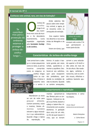 O Jornal do 8º C

Conheces este animal, raro, em vias de Extinção?




                      O
                                                        Ainda sabemos tão
                                       Jerboa-de     pouco sobre este simpá-
                                      -orelha-       tico animal, e agora, já
                                      longa é um
       Se                                            se encontra entre os
                                      dos mamí-
  contribuir          feros mais raros do mun-
                                                     ameaçados de extinção.
  mos para a          do    e    foi descoberto         Esta espécie habita         Jerboa-de-orelha-
 protecção do         recentemente,           numa   nos desertos e nas zonas             longa
   ambiente           expedição       organizada     áridas da Mongólia e da     escavam sob a areia. É lá
   estamos a          pela Sociedade Zoológi-        China.                      que      permanecem          a
  proteger o          ca de Londres.                                             maior parte do dia.
                                                        Vivem em túneis, que
  Jerboa-de-
    orelha-
   longa !....                   Características do Jerboa-de-orelha-longa
                      Este animal tem a cabe-        branco. A cauda é bas-      correm a uma velocida-
                      ça e o corpo pequeninos        tante grande, por vezes     de superior a 25 km/h e
                      como os ratos; as pernas       tufada, ajudando-os a       dão saltos de mais de
                      traseiras       compridas      manter o equilíbrio. Des-   3m de altura. São roedo-
                      como os cangurus; as           locam-se aos saltinhos,     res ágeis, solitários e
                                  orelhas longas     quer     para   escaparem   nocturnos, com os senti-
                                  como os coe-       dos predadores, quer        dos visuais, olfactivos e
                                  lhos. O dorso é    devido às condições de      auditivos bastante apu-
                                  castanho claro     vida no deserto. Quando     rados.
  Foi notícia quan-               e o ventre é       se sentem ameaçados,
  do filmado, pela
  1ª vez.
                                                     Comportamento e reprodução
                                                     machos      aproximam-se    independentes 2 sema-
                           Abandonam as tocas        das fêmeas para as cor-     nas depois.
                      ao cair da noite para          tejarem. Colocam-se de
                      procurar         alimento.     pé á sua frente, baixam a
                      Comem sementes, raízes         cabeça e batem-lhes rit-    <Fonte: http://
                      e insectos. Destes ali-        micamente com as patas      noticias.terra.com.br/ciencia/>
                      mentos           também        dianteiras. A gestação
                      extraem a água necessá-        dura cerca de um mês,
                      ria á sua sobrevivência.       no fim do qual nascem 3                 Beatriz Gonçalves
                      Quando chega á época           crias, que se tornam                      e Carlos Nunes
                      da        reprodução,     os
                                                                                                     Página 13
 