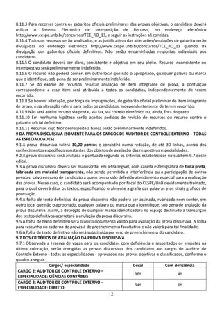 12
8.11.3 Para recorrer contra os gabaritos oficiais preliminares das provas objetivas, o candidato deverá
utilizar o Sistema Eletrônico de Interposição de Recurso, no endereço eletrônico
http://www.cespe.unb.br/concursos/TCE_RO_13, e seguir as instruções ali contidas.
8.11.4 Todos os recursos serão analisados, e as justificativas das alterações/anulações de gabarito serão
divulgadas no endereço eletrônico http://www.cespe.unb.br/concursos/TCE_RO_13 quando da
divulgação dos gabaritos oficiais definitivos. Não serão encaminhadas respostas individuais aos
candidatos.
8.11.5 O candidato deverá ser claro, consistente e objetivo em seu pleito. Recurso inconsistente ou
intempestivo será preliminarmente indeferido.
8.11.6 O recurso não poderá conter, em outro local que não o apropriado, qualquer palavra ou marca
que o identifique, sob pena de ser preliminarmente indeferido.
8.11.7 Se do exame de recursos resultar anulação de item integrante de prova, a pontuação
correspondente a esse item será atribuída a todos os candidatos, independentemente de terem
recorrido.
8.11.8 Se houver alteração, por força de impugnações, de gabarito oficial preliminar de item integrante
de prova, essa alteração valerá para todos os candidatos, independentemente de terem recorrido.
8.11.9 Não será aceito recurso via postal, via fax, via correio eletrônico ou, ainda, fora do prazo.
8.11.10 Em nenhuma hipótese serão aceitos pedidos de revisão de recursos ou recurso contra o
gabarito oficial definitivo.
8.11.11 Recursos cujo teor desrespeite a banca serão preliminarmente indeferidos.
9 DA PROVA DISCURSIVA (SOMENTE PARA OS CARGOS DE AUDITOR DE CONTROLE EXTERNO – TODAS
AS ESPECIALIDADES)
9.1 A prova discursiva valerá 30,00 pontos e consistirá numa redação, de até 30 linhas, acerca dos
conhecimentos específicos constantes dos objetos de avaliação das respectivas especialidades.
9.2 A prova discursiva será avaliada e pontuada segundo os critérios estabelecidos no subitem 9.7 deste
edital.
9.3 A prova discursiva deverá ser manuscrita, em letra legível, com caneta esferográfica de tinta preta,
fabricada em material transparente, não sendo permitida a interferência ou a participação de outras
pessoas, salvo em caso de candidato a quem tenha sido deferido atendimento especial para a realização
das provas. Nesse caso, o candidato será acompanhado por fiscal do CESPE/UnB devidamente treinado,
para o qual deverá ditar os textos, especificando oralmente a grafia das palavras e os sinais gráficos de
pontuação.
9.4 A folha de texto definitivo da prova discursiva não poderá ser assinada, rubricada nem conter, em
outro local que não o apropriado, qualquer palavra ou marca que a identifique, sob pena de anulação da
prova discursiva. Assim, a detecção de qualquer marca identificadora no espaço destinado à transcrição
dos textos definitivos acarretará a anulação da prova discursiva.
9.5 A folha de texto definitivo será o único documento válido para avaliação da prova discursiva. A folha
para rascunho no caderno de provas é de preenchimento facultativo e não valerá para tal finalidade.
9.6 A folha de texto definitivo não será substituída por erro de preenchimento do candidato.
9.7 DOS CRITÉRIOS DE AVALIAÇÃO DA PROVA DISCURSIVA
9.7.1 Observada a reserva de vagas para os candidatos com deficiência e respeitados os empates na
última colocação, serão corrigidas as provas discursivas dos candidatos aos cargos de Auditor de
Controle Externo - todas as especialidades - aprovados nas provas objetivas e classificados, conforme o
quadro a seguir.
Cargos/ especialidade Geral Com deficiência
CARGO 2: AUDITOR DE CONTROLE EXTERNO –
ESPECIALIDADE: CIÊNCIAS CONTÁBEIS
36ª 4ª
CARGO 3: AUDITOR DE CONTROLE EXTERNO –
ESPECIALIDADE: DIREITO
54ª 6ª
 
