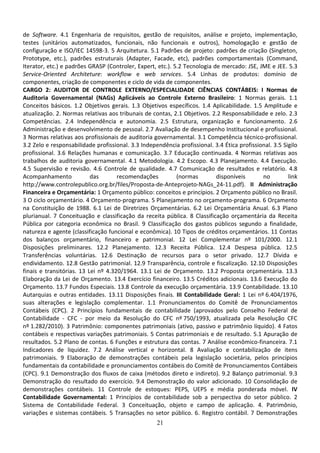 21
de Software. 4.1 Engenharia de requisitos, gestão de requisitos, análise e projeto, implementação,
testes (unitários automatizados, funcionais, não funcionais e outros), homologação e gestão de
configuração e ISO/IEC 14598-3. 5 Arquitetura. 5.1 Padrões de projeto: padrões de criação (Singleton,
Prototype, etc.), padrões estruturais (Adapter, Facade, etc), padrões comportamentais (Command,
Iterator, etc.) e padrões GRASP (Controler, Expert, etc.). 5.2 Tecnologia de mercado: JSE, JME e JEE. 5.3
Service-Oriented Architeture: workflow e web services. 5.4 Linhas de produtos: domínio de
componentes, criação de componentes e ciclo de vida de componentes.
CARGO 2: AUDITOR DE CONTROLE EXTERNO/ESPECIALIDADE CIÊNCIAS CONTÁBEIS: I Normas de
Auditoria Governamental (NAGs) Aplicáveis ao Controle Externo Brasileiro: 1 Normas gerais. 1.1
Conceitos básicos. 1.2 Objetivos gerais. 1.3 Objetivos específicos. 1.4 Aplicabilidade. 1.5 Amplitude e
atualização. 2. Normas relativas aos tribunais de contas, 2.1 Objetivos. 2.2 Responsabilidade e zelo. 2.3
Competências. 2.4 Independência e autonomia. 2.5 Estrutura, organização e funcionamento. 2.6
Administração e desenvolvimento de pessoal. 2.7 Avaliação de desempenho Institucional e profissional.
3 Normas relativas aos profissionais de auditoria governamental. 3.1 Competência técnico-profissional.
3.2 Zelo e responsabilidade profissional. 3.3 Independência profissional. 3.4 Ética profissional. 3.5 Sigilo
profissional. 3.6 Relações humanas e comunicação. 3.7 Educação continuada. 4 Normas relativas aos
trabalhos de auditoria governamental. 4.1 Metodologia. 4.2 Escopo. 4.3 Planejamento. 4.4 Execução.
4.5 Supervisão e revisão. 4.6 Controle de qualidade. 4.7 Comunicação de resultados e relatório. 4.8
Acompanhamento das recomendações (normas disponíveis no link
http://www.controlepublico.org.br/files/Proposta-de-Anteprojeto-NAGs_24-11.pdf). II Administração
Financeira e Orçamentária: 1 Orçamento público: conceitos e princípios. 2 Orçamento público no Brasil.
3 O ciclo orçamentário. 4 Orçamento-programa. 5 Planejamento no orçamento-programa. 6 Orçamento
na Constituição de 1988. 6.1 Lei de Diretrizes Orçamentárias. 6.2 Lei Orçamentária Anual. 6.3 Plano
plurianual. 7 Conceituação e classificação da receita pública. 8 Classificação orçamentária da Receita
Pública por categoria econômica no Brasil. 9 Classificação dos gastos públicos segundo a finalidade,
natureza e agente (classificação funcional e econômica). 10 Tipos de créditos orçamentários. 11 Contas
dos balanços orçamentário, financeiro e patrimonial. 12 Lei Complementar nº 101/2000. 12.1
Disposições preliminares. 12.2 Planejamento. 12.3 Receita Pública. 12.4 Despesa pública. 12.5
Transferências voluntárias. 12.6 Destinação de recursos para o setor privado. 12.7 Dívida e
endividamento. 12.8 Gestão patrimonial. 12.9 Transparência, controle e fiscalização. 12.10 Disposições
finais e transitórias. 13 Lei nº 4.320/1964. 13.1 Lei de Orçamento. 13.2 Proposta orçamentária. 13.3
Elaboração da Lei de Orçamento. 13.4 Exercício financeiro. 13.5 Créditos adicionais. 13.6 Execução do
Orçamento. 13.7 Fundos Especiais. 13.8 Controle da execução orçamentária. 13.9 Contabilidade. 13.10
Autarquias e outras entidades. 13.11 Disposições finais. III Contabilidade Geral: 1 Lei nº 6.404/1976,
suas alterações e legislação complementar. 1.1 Pronunciamentos do Comitê de Pronunciamentos
Contábeis (CPC). 2 Princípios fundamentais de contabilidade (aprovados pelo Conselho Federal de
Contabilidade - CFC - por meio da Resolução do CFC nº 750/1993, atualizada pela Resolução CFC
nº 1.282/2010). 3 Patrimônio: componentes patrimoniais (ativo, passivo e patrimônio líquido). 4 Fatos
contábeis e respectivas variações patrimoniais. 5 Contas patrimoniais e de resultado. 5.1 Apuração de
resultados. 5.2 Plano de contas. 6 Funções e estrutura das contas. 7 Análise econômico-financeira. 7.1
Indicadores de liquidez. 7.2 Análise vertical e horizontal. 8 Avaliação e contabilização de itens
patrimoniais. 9 Elaboração de demonstrações contábeis pela legislação societária, pelos princípios
fundamentais da contabilidade e pronunciamentos contábeis do Comitê de Pronunciamentos Contábeis
(CPC). 9.1 Demonstração dos fluxos de caixa (métodos direto e indireto). 9.2 Balanço patrimonial. 9.3
Demonstração do resultado do exercício. 9.4 Demonstração do valor adicionado. 10 Consolidação de
demonstrações contábeis. 11 Controle de estoques: PEPS, UEPS e média ponderada móvel. IV
Contabilidade Governamental: 1 Princípios de contabilidade sob a perspectiva do setor público. 2
Sistema de Contabilidade Federal. 3 Conceituação, objeto e campo de aplicação. 4. Patrimônio,
variações e sistemas contábeis. 5 Transações no setor público. 6. Registro contábil. 7 Demonstrações
 