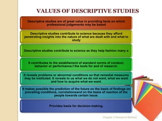 VALUES OF DESCRIPTIVE STUDIES
   Descriptive studies are of great value in providing facts on which
                professional judgements may be based

    Descriptive studies contribute to science because they afford
 penetrating insights into the nature of what are dealt with and what to
                                  study


 Descriptive studies contribute to science as they help fashion many o


    It contributes to the establisment of standard norms of conduct,
         behavior or performance.f the tools for and of research.

It reveals problems or abnormal conditions so that remedial measures
 may be instituted. It reveals to us what we do not want, what we want
                  and how to acquire what we want.

It makes possible the prediction of the future on the basis of findings on
   prevailing conditions, correlationsand on the basis of reaction of the
                       people towards certain issue.


                  Provides basis for decision-making.


                                                       Chapter 3 Research Method   23
 