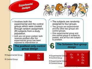 • Involves both the                   • The subjects are randomly
           experimental and the control          assigned to four groups.
           groups which were created           • Two groups are experimental
           through random assignment             and the other two groups are
           (R) subjects from a study             control groups.
           population.                         • One experimental group and
         • both are not given pretest; both      one control group is subject to
           receives posttest after the           pretest, and all four are subject
           experimental group has been           to posttest.
           exposed to intervention or
           treatment                                  The Solomon four-group
           The posttest-only control                          design
                group design

R Experimental Group      X          O1       R Experimental Group
                                                                       O1       X O2
                                     O2       R Control Group          O3         O4
R Control Group
                                              R Experimental Group              X O5
                                              R Control Group                     O6
                                                        Chapter 3 Research Method      33
 
