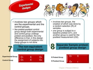 • involves two groups which            • involves two groups, the
              are the experimental and the           creation of which was done by
              control groups.                        a random selection (R) of
                                                     samples.
            • like pretest-posttest control
              group design both experimental       • one group is subject to a
              and control group undergo              baseline pretest (O1), and
              pretest and posttest, the only         another group is used for the
              difference is that, in this design     posttest measurement (O2).
              the assignment of subjects into
              these groups is not done
              randomly                                   Separate Sample pretest-
                      The non-equivalent                  posttest group design
                     control group design

Experimental Group     O1       X          O2      R Pretest Group
                                                                         O1        X
Control Group          O3       X          O4      R Posttest Group
                                                                         O2        X


                                                            Chapter 3 Research Method   34
 