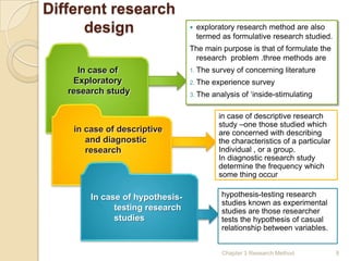 Different research
      design                        exploratory research method are also
                                     termed as formulative research studied.
                                 The main purpose is that of formulate the
                                  research problem .three methods are
     In case of                  1. The   survey of concerning literature
    Exploratory                  2. The   experience survey
   research study                3. The   analysis of ‗inside-stimulating

                                            in case of descriptive research
                                            study –one those studied which
    in case of descriptive                  are concerned with describing
       and diagnostic                       the characteristics of a particular
       research                             Individual , or a group.
                                            In diagnostic research study
                                            determine the frequency which
                                            some thing occur

        In case of hypothesis-               hypothesis-testing research
                                             studies known as experimental
              testing research               studies are those researcher
              studies                        tests the hypothesis of casual
                                             relationship between variables.


                                             Chapter 3 Research Method            8
 