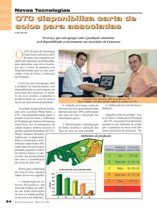 Novas Tecnologias

CTC disponibiliza carta de
solos para associadas
Carla Rossini

O serviço, que vem agregar valor à produção canavieira,
será disponibilizado exclusivamente aos associados da Canaoeste

O

CTC (Centro de Tecnologia
Canavieira) realizou no dia 5
de março uma reunião no auditório da Canaoeste, em Sertãozinho,
para apresentar uma nova tecnologia que o centro de pesquisa está
disponibilizando para as suas associadas: Carta de Solos e Ambientes
de Produção.
O serviço, que vem agregar valor
à produção de cana-de-açúcar, será
disponibilizado exclusivamente aos
associados da Canaoeste. O objetivo do novo produto é aumentar a
produtividade da cana-de-açúcar
dentro de uma mesma propriedade
A exemplo do que já havia acontecido com o produto Muda Sadia, o
CTC está disponibilizando agora o
produto Carta de Solos e Ambientes
de Produção que fornece informações
específicas dos levantamentos de
campo (mapa e relatório técnico). O
gerente regional de produtos do CTC,
Mauro Sampaio Benedini,
explica que “o mapa possibilita a visualização e a distribuição espacial dos diferentes tipos de solos na propriedade, enquanto o relatório técnico fornece as descrições das propriedades
dos solos e a quantificação
das áreas de cada solo”.
Porém, para a elaboração
da carta de solos, algumas
etapas devem ser seguidas:
1- Interpretação de Aspectos fisiográficos: por
meio das imagens de satélites são feitas observações
do relevo e estudo geológico da área a ser mapeada;
34

Revista Canavieiros - Março de 2008

Fernando César Bertolani, lider de produto do CTC e
Mauro Sampaio ,Benedini, gerente regional de produtos do CTC

2- Trabalho de Campo: coleta de
amostras de solos georreferenciadas
(demarcação por GPS), delimitação
dos tipos de solos e descrição das
informações gerais;
3- Determinação e Interpretação
de Dados Analíticos: definição dos
tipos de solos da área estudada.

4- Elaboração da Carta de Solos e
Relatório.
Segundo o líder de produto – Carta de Solos e Ambiente de Produção
– do CTC, Fernando César Bertolani,
entende-se por ambiente de produção a separação de áreas com diferentes potenciais de produção. “Se-

Ambientes de produção

 