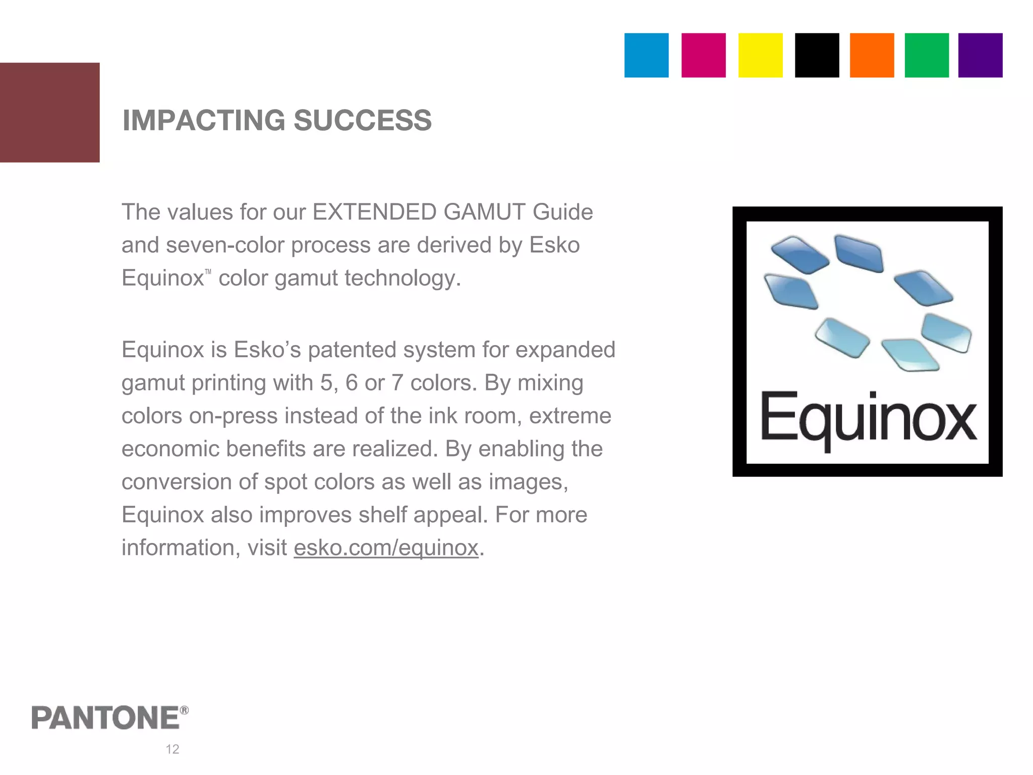 12
The values for our EXTENDED GAMUT Guide
and seven-color process are derived by Esko
Equinox™
color gamut technology.
Equinox is Esko’s patented system for expanded
gamut printing with 5, 6 or 7 colors. By mixing
colors on-press instead of the ink room, extreme
economic benefits are realized. By enabling the
conversion of spot colors as well as images,
Equinox also improves shelf appeal. For more
information, visit esko.com/equinox.
IMPACTING SUCCESS
 