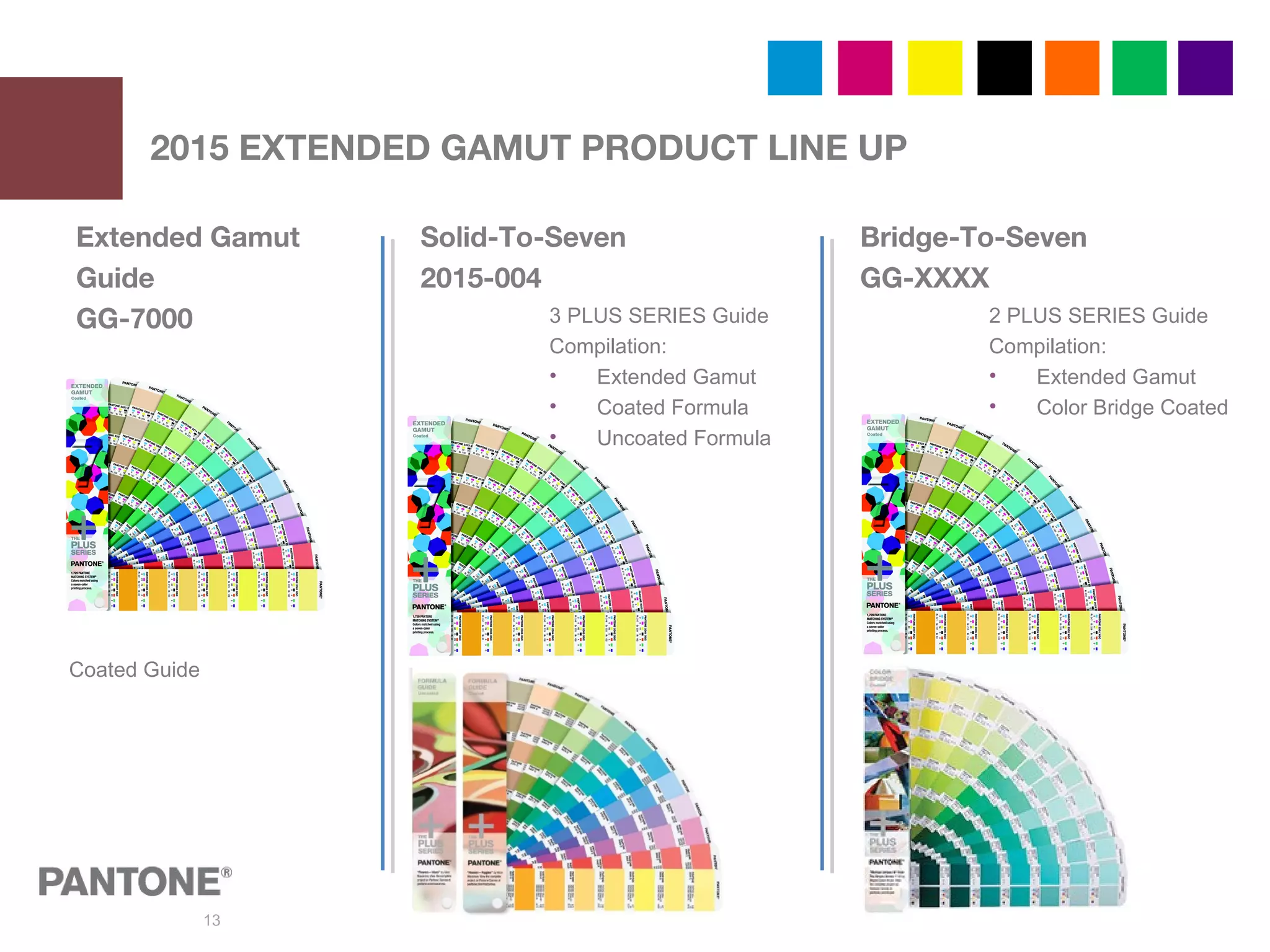 13
2015 EXTENDED GAMUT PRODUCT LINE UP
Extended Gamut
Guide
GG-7000
Solid-To-Seven
2015-004
Coated Guide
3 PLUS SERIES Guide
Compilation:
• Extended Gamut
• Coated Formula
• Uncoated Formula
Bridge-To-Seven
GG-XXXX
2 PLUS SERIES Guide
Compilation:
• Extended Gamut
• Color Bridge Coated
 
