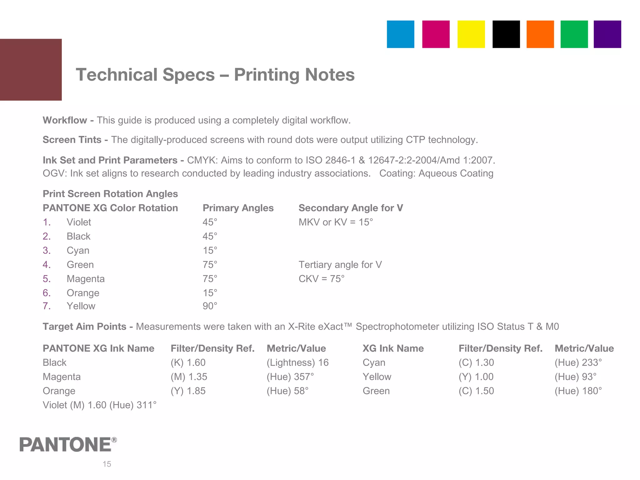 15
Technical Specs – Printing Notes
Workflow - This guide is produced using a completely digital workflow.
Screen Tints - The digitally-produced screens with round dots were output utilizing CTP technology.
Ink Set and Print Parameters - CMYK: Aims to conform to ISO 2846-1 & 12647-2:2-2004/Amd 1:2007.
OGV: Ink set aligns to research conducted by leading industry associations. Coating: Aqueous Coating
Print Screen Rotation Angles
PANTONE XG Color Rotation Primary Angles Secondary Angle for V
1. Violet 45° MKV or KV = 15°
2. Black 45°
3. Cyan 15°
4. Green 75° Tertiary angle for V
5. Magenta 75° CKV = 75°
6. Orange 15°
7. Yellow 90°
Target Aim Points - Measurements were taken with an X-Rite eXact™ Spectrophotometer utilizing ISO Status T & M0
PANTONE XG Ink Name Filter/Density Ref. Metric/Value XG Ink Name Filter/Density Ref. Metric/Value
Black (K) 1.60 (Lightness) 16 Cyan (C) 1.30 (Hue) 233°
Magenta (M) 1.35 (Hue) 357° Yellow (Y) 1.00 (Hue) 93°
Orange (Y) 1.85 (Hue) 58° Green (C) 1.50 (Hue) 180°
Violet (M) 1.60 (Hue) 311°
 