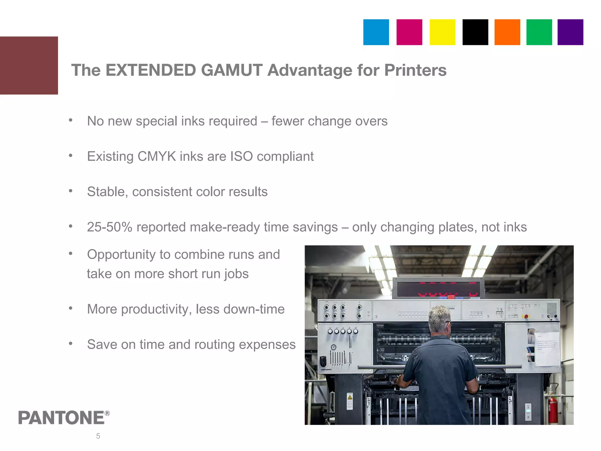 5
• No new special inks required – fewer change overs
• Existing CMYK inks are ISO compliant
• Stable, consistent color results
• 25-50% reported make-ready time savings – only changing plates, not inks
• Opportunity to combine runs and
take on more short run jobs
• More productivity, less down-time
• Save on time and routing expenses
The EXTENDED GAMUT Advantage for Printers
 