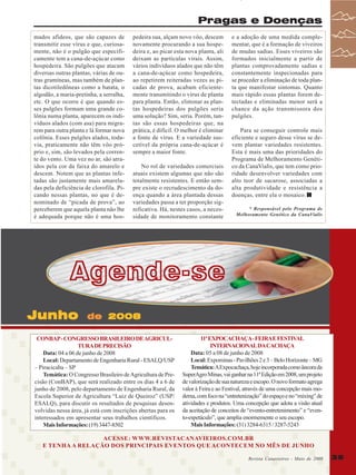 Pragas e Doenças
mados afídeos, que são capazes de
transmitir esse vírus e que, curiosamente, não é o pulgão que especificamente tem a cana-de-açúcar como
hospedeira. São pulgões que atacam
diversas outras plantas, várias de outras gramíneas, mas também de plantas dicotiledôneas como a batata, o
algodão, a maria-pretinha, a serralha,
etc. O que ocorre é que quando esses pulgões formam uma grande colônia numa planta, aparecem os indivíduos alados (com asa) para migrarem para outra planta e lá formar nova
colônia. Esses pulgões alados, todavia, praticamente não têm vôo próprio e, sim, são levados pela corrente do vento. Uma vez no ar, são atraídos pela cor da faixa do amarelo e
descem. Notem que as plantas infetadas são justamente mais amareladas pela deficiência de clorofila. Picando nessas plantas, no que é denominado de “picada de prova”, ao
perceberem que aquela planta não lhe
é adequada porque não é uma hos-

pedeira sua, alçam novo vôo, descem
novamente procurando a sua hospedeira e, ao picar esta nova planta, ali
deixam as partículas virais. Assim,
vários indivíduos alados que não têm
a cana-de-açúcar como hospedeira,
ao repetirem reiteradas vezes as picadas de prova, acabam eficientemente transmitindo o vírus de planta
para planta. Então, eliminar as plantas hospedeiras dos pulgões seria
uma solução? Sim, seria. Porém, tantas são essas hospedeiras que, na
prática, é difícil. O melhor é eliminar
a fonte de vírus. E a variedade suscetível da própria cana-de-açúcar é
sempre a maior fonte.
No rol de variedades comerciais
atuais existem algumas que não são
totalmente resistentes. E então sempre existe o recrudescimento da doença quando a área plantada dessas
variedades passa a ter proporção significativa. Há, nestes casos, a necessidade de monitoramento constante

e a adoção de uma medida complementar, que é a formação de viveiros
de mudas sadias. Esses viveiros são
formados inicialmente a partir de
plantas comprovadamente sadias e
constantemente inspecionadas para
se proceder a eliminação de toda planta que manifestar sintomas. Quanto
mais rápido essas plantas forem detectadas e eliminadas menor será a
chance da ação transmissora dos
pulgões.
Para se conseguir controle mais
eficiente e seguro desse vírus se devem plantar variedades resistentes.
Esta é mais uma das prioridades do
Programa de Melhoramento Genético da CanaVialis, que tem como prioridade desenvolver variedades com
alto teor de sacarose, associadas a
alta produtividade e resistência a
doenças, entre ela o mosaico.
* Responsável pelo Programa de
Melhoramento Genético da CanaVialis

Agende-se
Junho

de 2008

CONBAP - CONGRESSO BRASILEIRO DE AGRICULTURA DE PRECISÃO
Data: 04 a 06 de junho de 2008
Local: Departamento de Engenharia Rural - ESALQ/USP
– Piracicaba – SP
Temática: O Congresso Brasileiro de Agricultura de Precisão (ConBAP), que será realizado entre os dias 4 a 6 de
junho de 2008, pelo departamento de Engenharia Rural, da
Escola Superior de Agricultura “Luiz de Queiroz” (USP/
ESALQ), para discutir os resultados de pesquisas desenvolvidas nessa área, já está com inscrições abertas para os
interessados em apresentar seus trabalhos científicos.
Mais Informações: (19) 3447-8502

11ª EXPOCACHAÇA - FEIRA E FESTIVAL
INTERNACIONAL DA CACHAÇA
Data: 05 a 08 de junho de 2008
Local: Expominas - Pavilhões 2 e 3 – Belo Horizonte – MG
Temática: A Expocachaça, hoje incorporada como âncora da
SuperAgro Minas, vai ganhar na 11ª Edição em 2008, um projeto
de valorização de sua natureza e escopo. O novo formato agrega
valor à Feira e ao Festival, através de uma concepção mais moderna, com foco na “entretenização” do espaço e no “mixing” de
atividades e produtos. Uma concepção que adota a visão atual
da aceitação de conceitos de “evento-entretenimento” e “evento-espetáculo”, que amplia enormemente o seu escopo.
Mais Informações: (31) 3284-6315 / 3287-5243

ACESSE: WWW.REVISTACANAVIEIROS.COM.BR
E TENHA A RELAÇÃO DOS PRINCIPAIS EVENTOS QUE ACONTECEM NO MÊS DE JUNHO
Revista Canavieiros -- Maio de 2008
Revista Canavieiros Maio de 2008

35
35

 