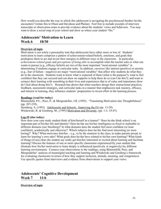 How would you describe the way in which this adolescent is navigating the psychosocial borders he/she
encounters? (relate this to Olsen and Davidson and Phelan). Feel free to include excerpts of interview
transcripts or observation notes to provide evidence about the students’ views and behaviors. You may
want to draw a social map of your school and show us where your student “fits.”
Adolescents’ Motivation to Learn
Week 6 10/30
Overview of topic
Motivation is not solely a personality trait that adolescents have either more or less of. Students’
motivation to learn comprises a pattern of achievement-related beliefs, emotions, and goals that
predispose them to act and invest their energies in different ways in the classroom. In particular,
achievement-related goals and perceptions of being able to accomplish what the teacher asks or what one
wants to pursue (e.g., efficacy beliefs) are two of the most important “motivational variables” in
determining if students engage in curricular tasks. In addition, emotions like interest (positive) or anxiety
(e.g., fear of failure - negative) are major “motivational variables” that affect why students do what they
do in the classroom. Students want to know what is expected of them (what is the purpose?); want to feel
confident that they can succeed and can draw on supports to help them do so (can I do this?); and want to
connect their learning with something in their lives and experiences that is of value and importance (how
do I feel about doing this?). Research has shown that when teachers design their instructional practices,
feedback, assessment strategies, and curricular tasks in a manner that emphasizes task mastery, efficacy,
and interest in learning, they influence students’ propensities to invest effort in the learning process.
Readings (read for today)
Blumenfeld, P.C., Puro, P., & Mergendoller, J.R. (1992). “Translating Motivation into Thoughtfulness”
(pp. 207-239).
Steinberg, A. (1993). Adolescents and Schools: Improving the Fit (pp. 13-29).
Wlodowski, R. & Ginsberg, M., (1995) Motivation and Diversity (pp. 1-3, 19-47).
Log #5 (due today)
How does your case study student think of him/herself as a learner? Does he/she think school is an
important part of his/her life and identity? Does he/she see his/her intelligence as fixed or malleable in
different domains (see Steinberg)? In what domains does the student feel most confident (or least
confident), academically and otherwise? Which subjects does he/she find most interesting (or most
boring)? Why? What motivates him/her – e.g., to be the smartest in the class, to make parents proud, to
learn for learning’s own sake? What goals does he/she have related to his/her own learning? What kinds
of things (if any) does the student say really get him/her interested or excited about learning and facilitate
learning? Discuss the features of one or more specific classrooms experienced by your student that
illustrate how his/her motivation to learn deeply is influenced (positively or negatively) by different
learning environments. Connect your observations to the readings, using Blumenfeld, Puro, and
Mergendoller’ analysis of meaningful teaching and learning and Wlodowski and Ginsberg’s framework
for evaluating classrooms in terms of how they support inclusion, attitude, meaning, and competence).
Use specific quotes from interviews and evidence from observations to support your views.
Adolescents’ Cognitive Development
Week 7 11/6
Overview of topic
-7-
 